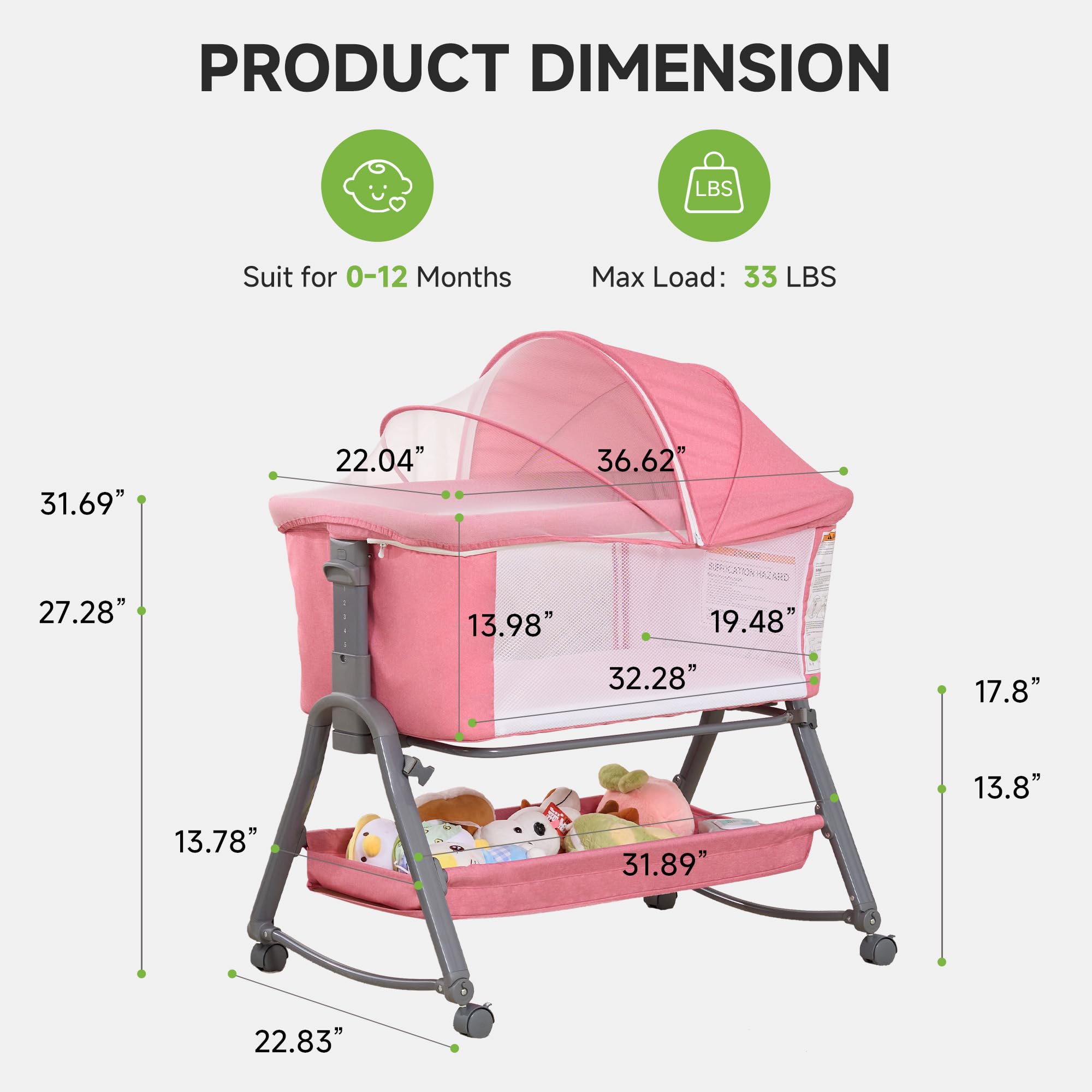 3-in-1 Bedside Bassinet with Adjustable Height and Mosquito Net