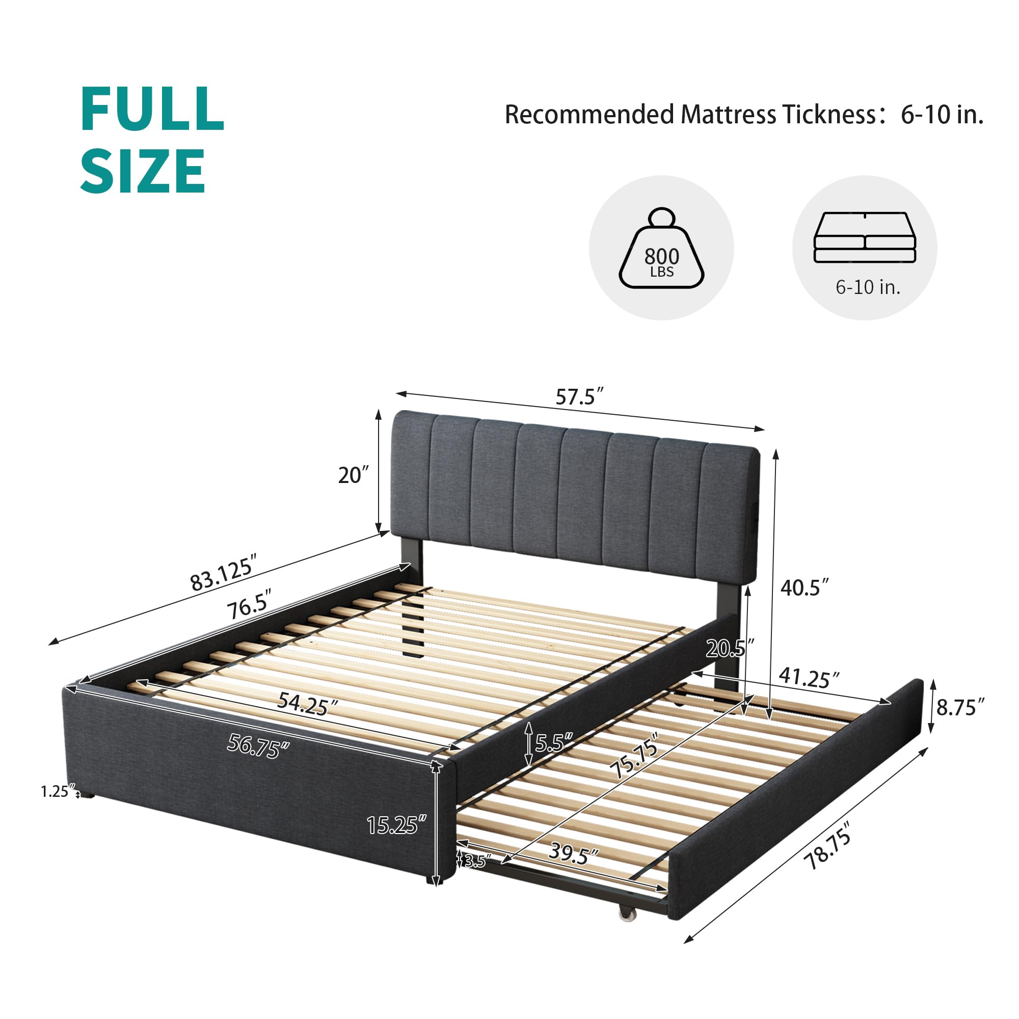 FAVSH Full Size Upholstered Platform Bed with Trundle and 1 Sets of USB, Linen Fabric Solid Wood Bedframe w/Wood Slats & LED Lights with APP for Bedroom,Dark Grey
