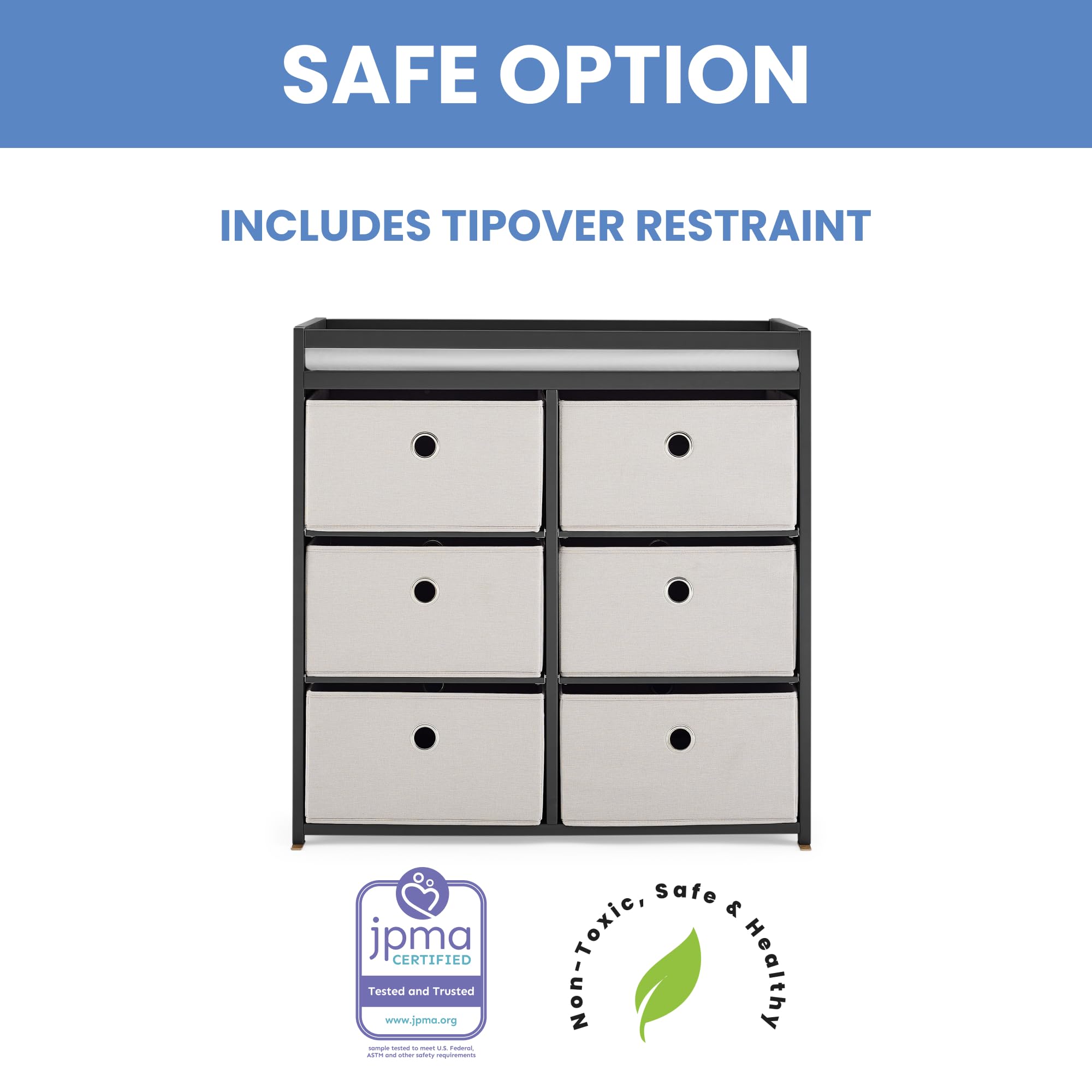 Changing Table with Fabric Storage Bins and Shelves