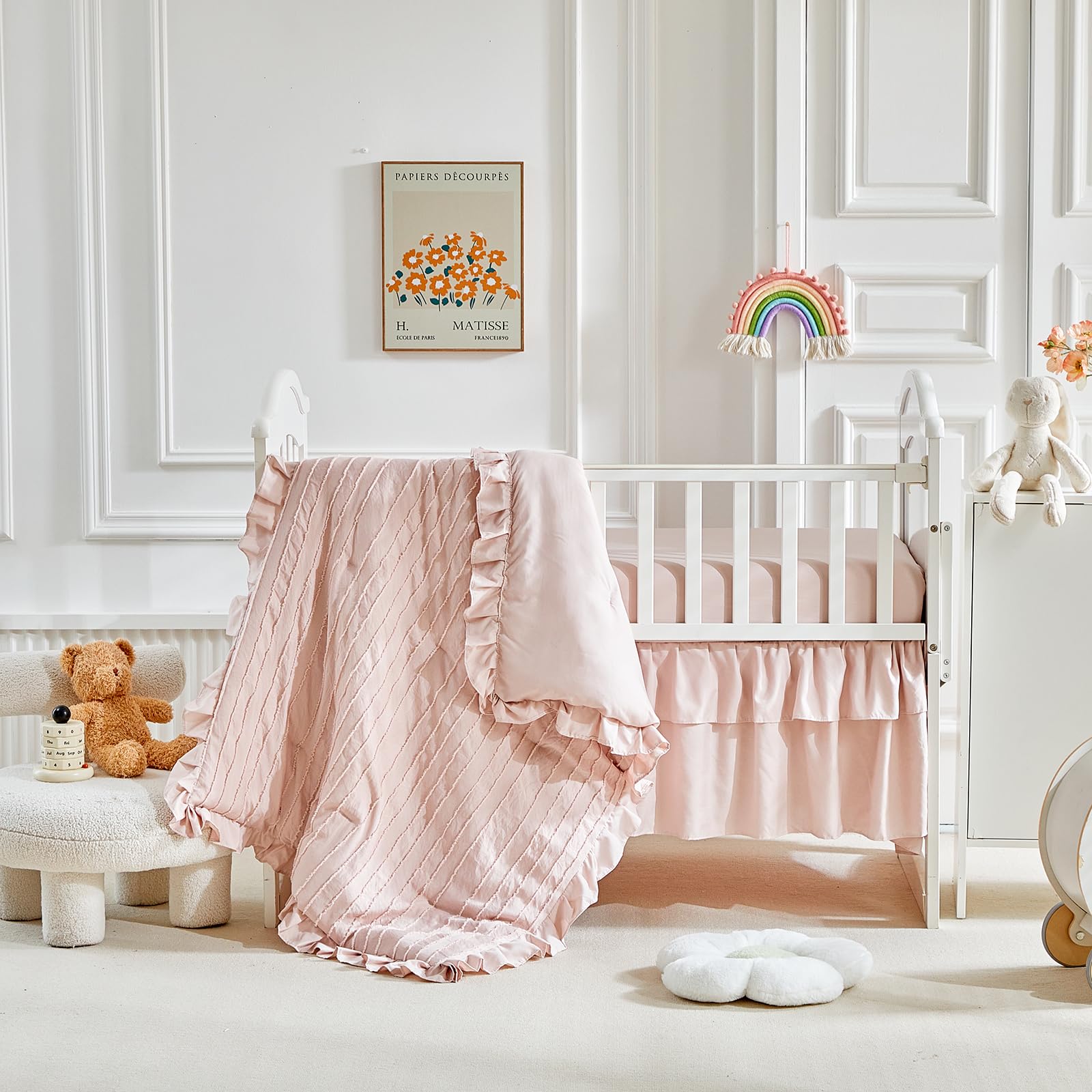 3 Pieces Tufted Stripes Crib Bedding Set with Ruffle Fringe