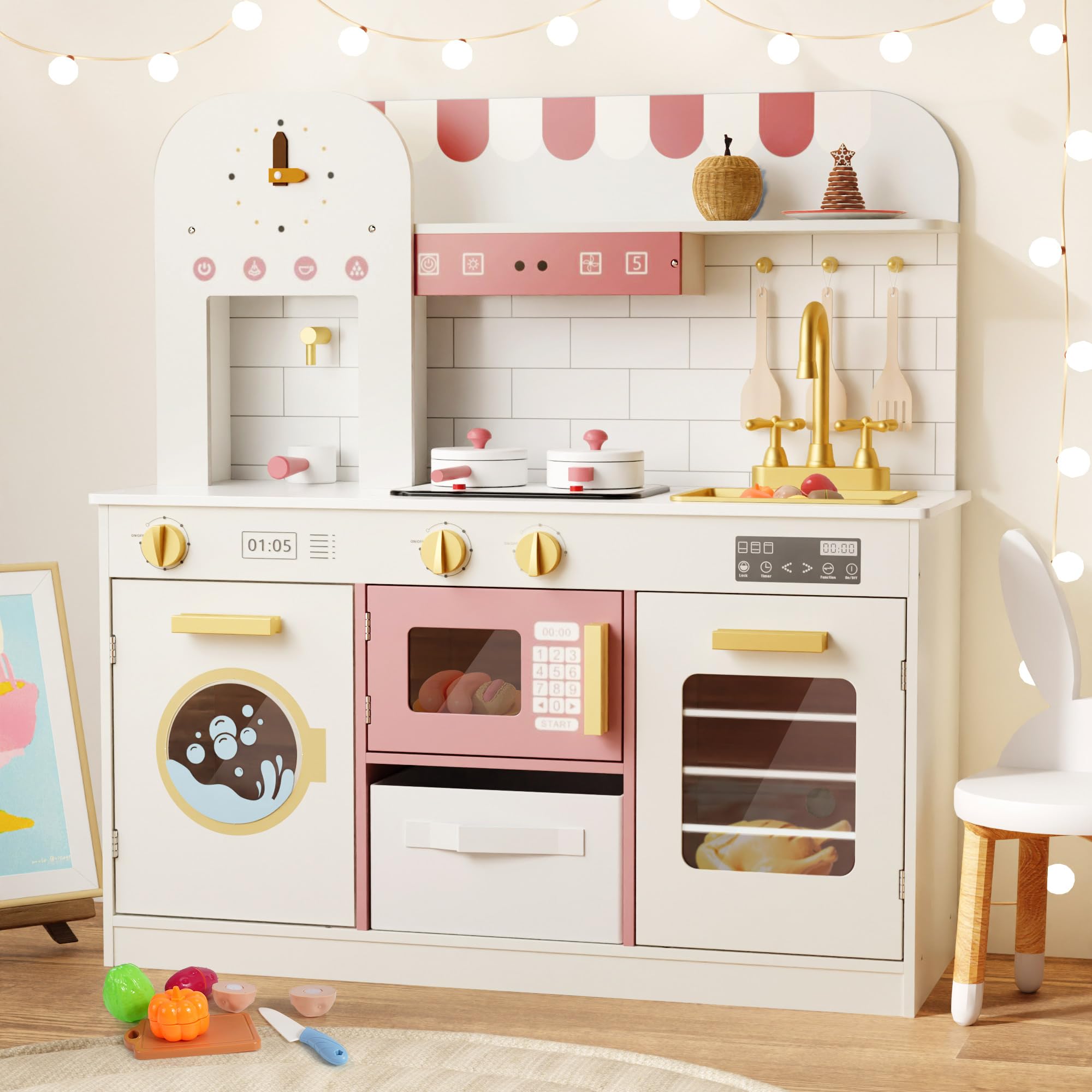 Play Kitchen with Realistic Lights & Sounds, Wooden Kitchen Playset for Toddlers