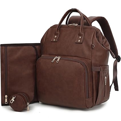 Premium Vegan Leather Diaper Bag Backpack with Waterproof Changing
