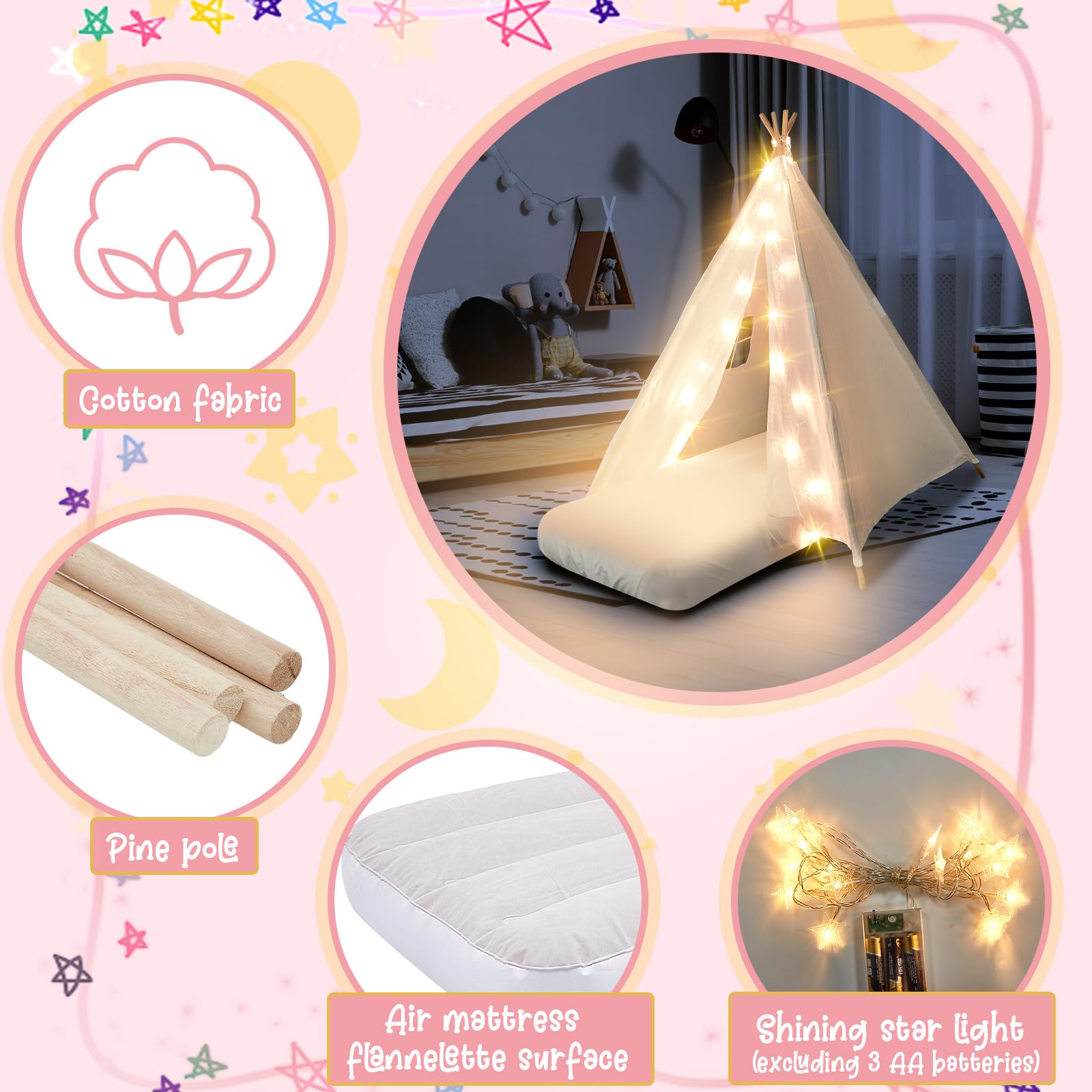 Kids Teepee Tent Set with Mattress and Star Lights - 2 Pack