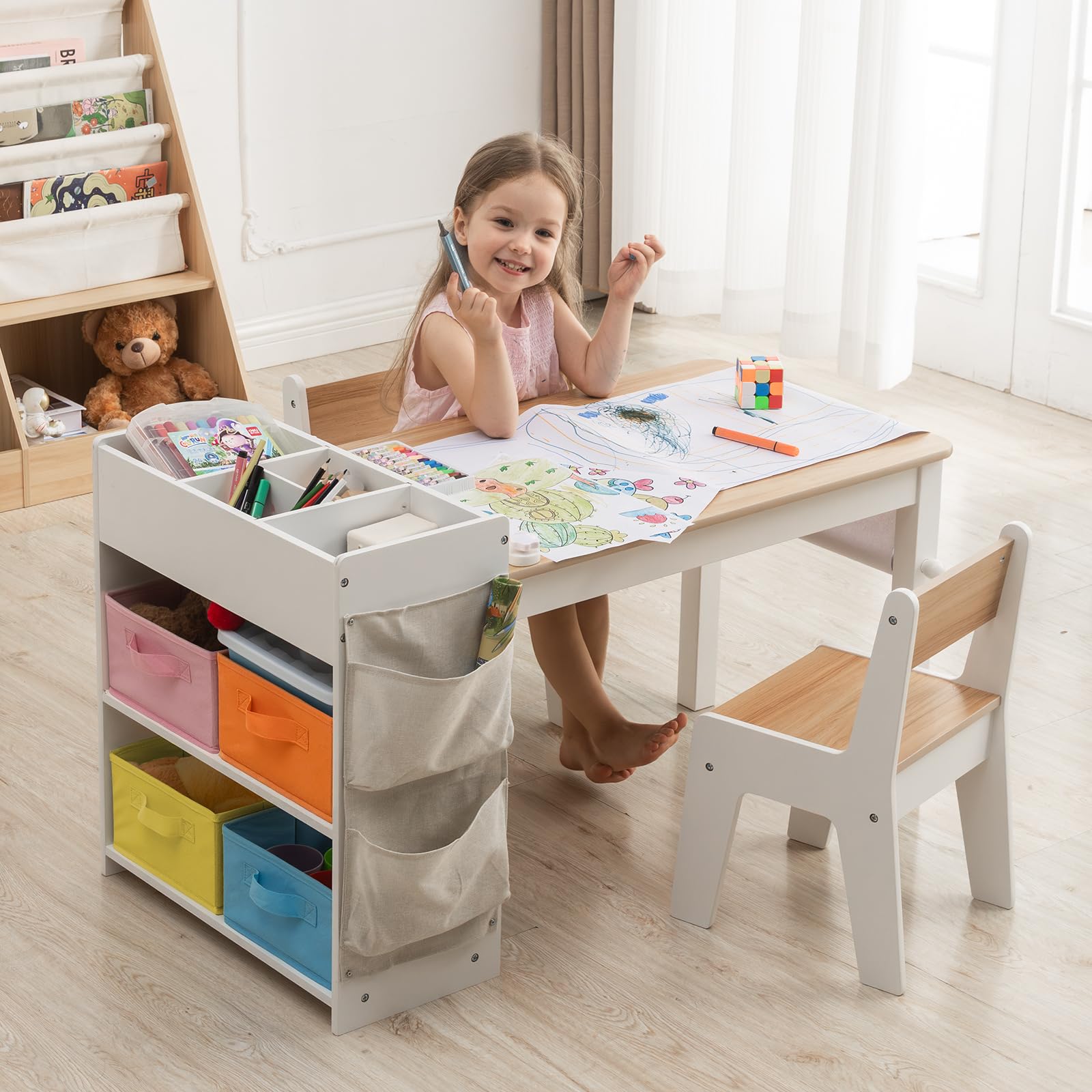 Kids Art Table and Chair - Toddler Craft Table and Chairs Set with 2 Chair & Bins