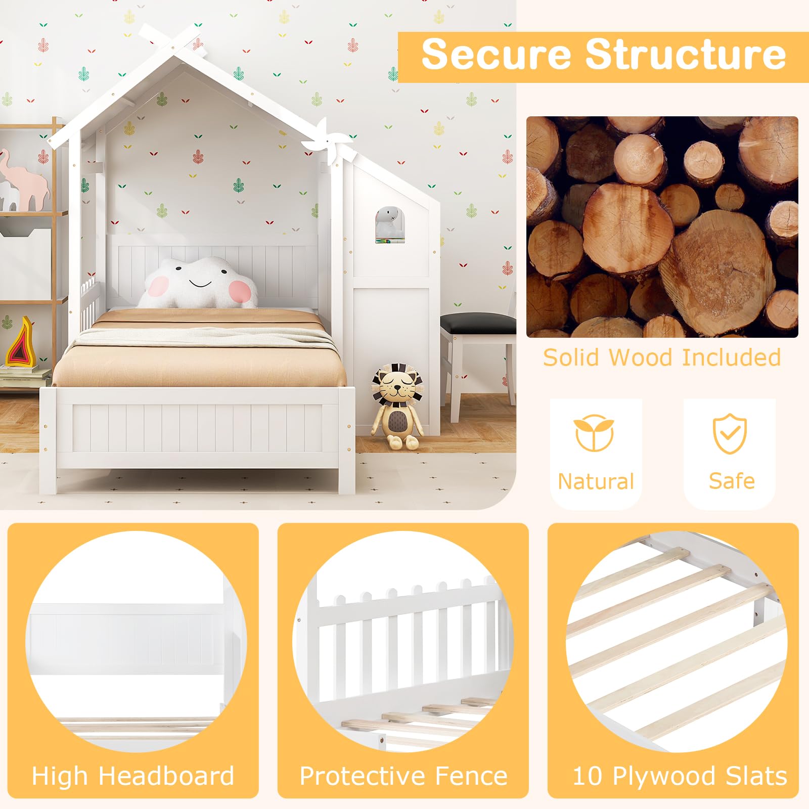 Giantex Twin House Bed with Desk & Chair, Wood Kids Playhouse Bed with 2 Drawers, Windmill, Fence & Headboard, Twin House Bed for Kids Teens, No Box Spring Needed, White