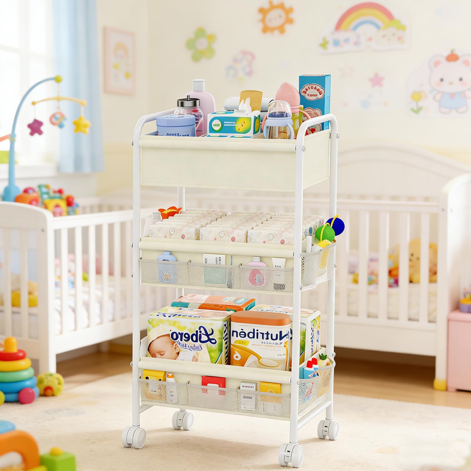 3-Tier Baby Diaper Caddy Cart Organizer with Wheels