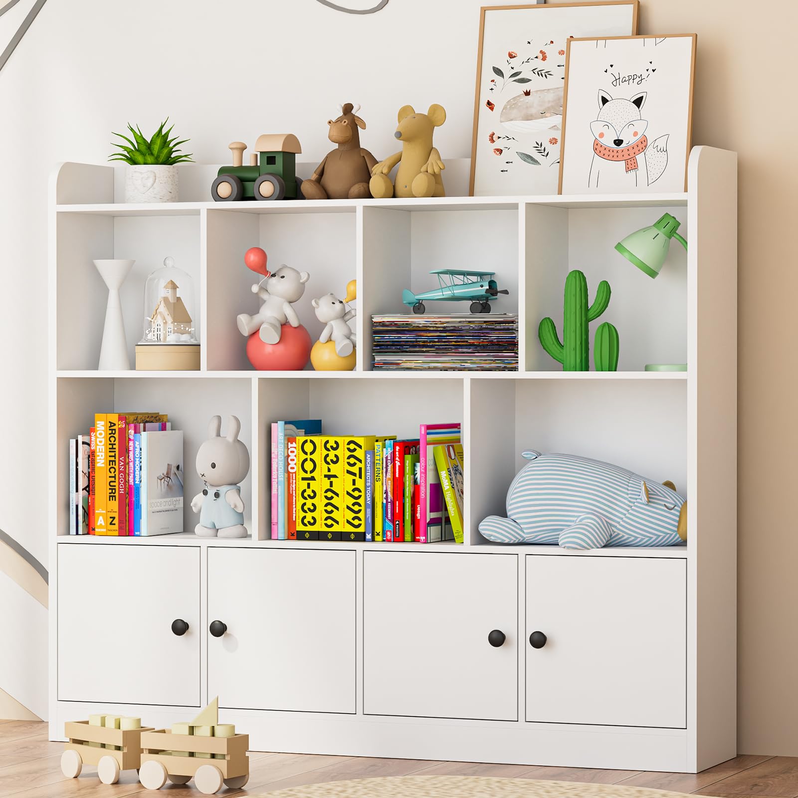2 in 1 Large Toy Organizer and Storage, 4 Tier Kids Bookshelf