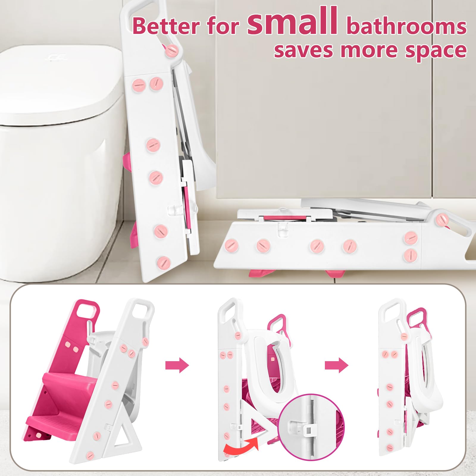 Beavtaens Easy Storage Potty Training Seat with Ladder, Adjustable Step and Toilet Seat Height, Easy-Grip Handles for Climbing, Foldable Portable Toddler Toilet Trainer, Perfect for Small Bathrooms