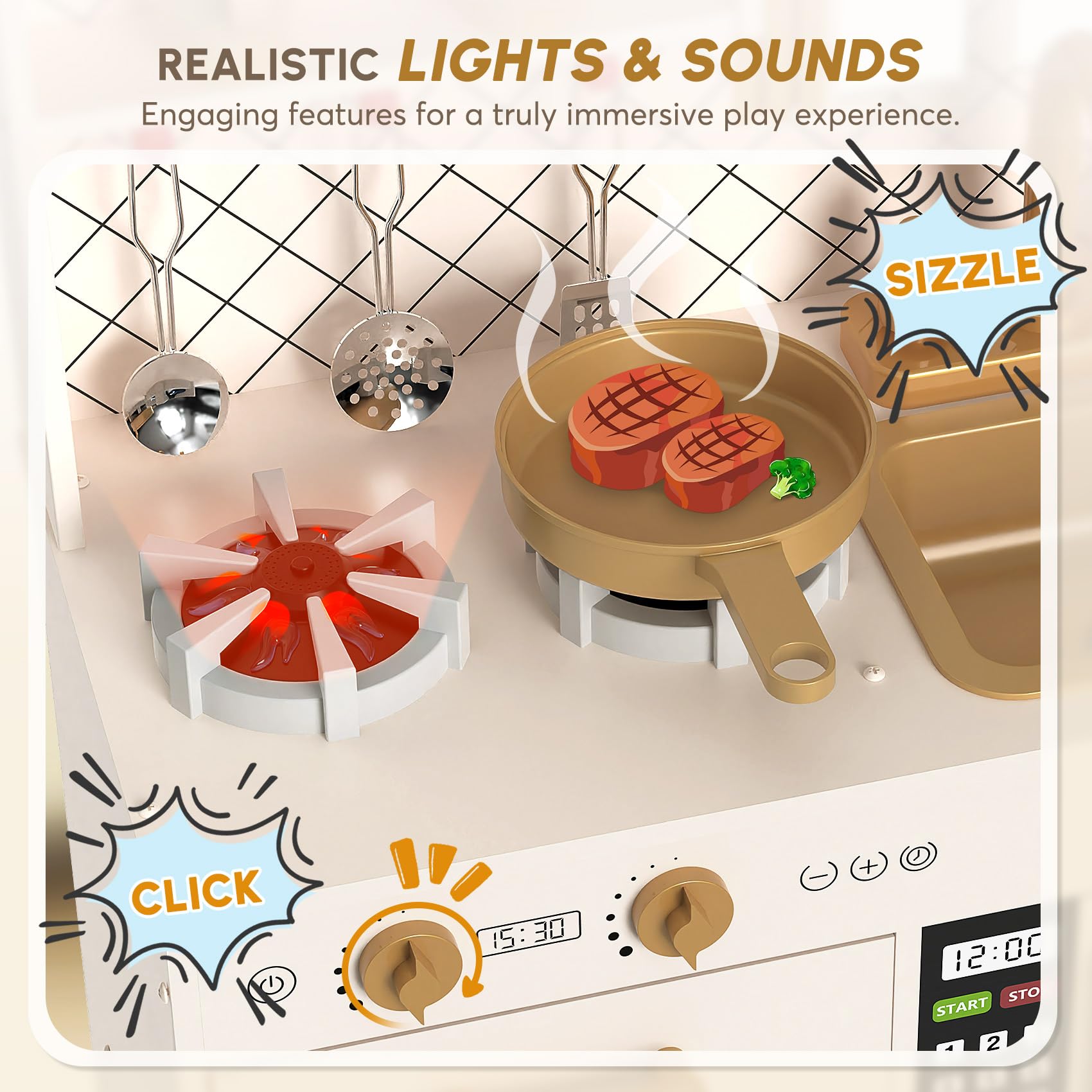 Wooden Play Kitchen with Lights and Sounds for Toddlers