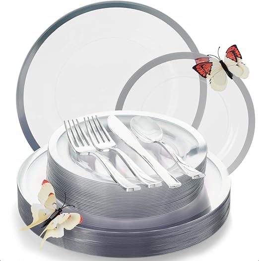 150 Pc Clear Rose Gold Party Plates and Utensils Set – Fancy Disposable