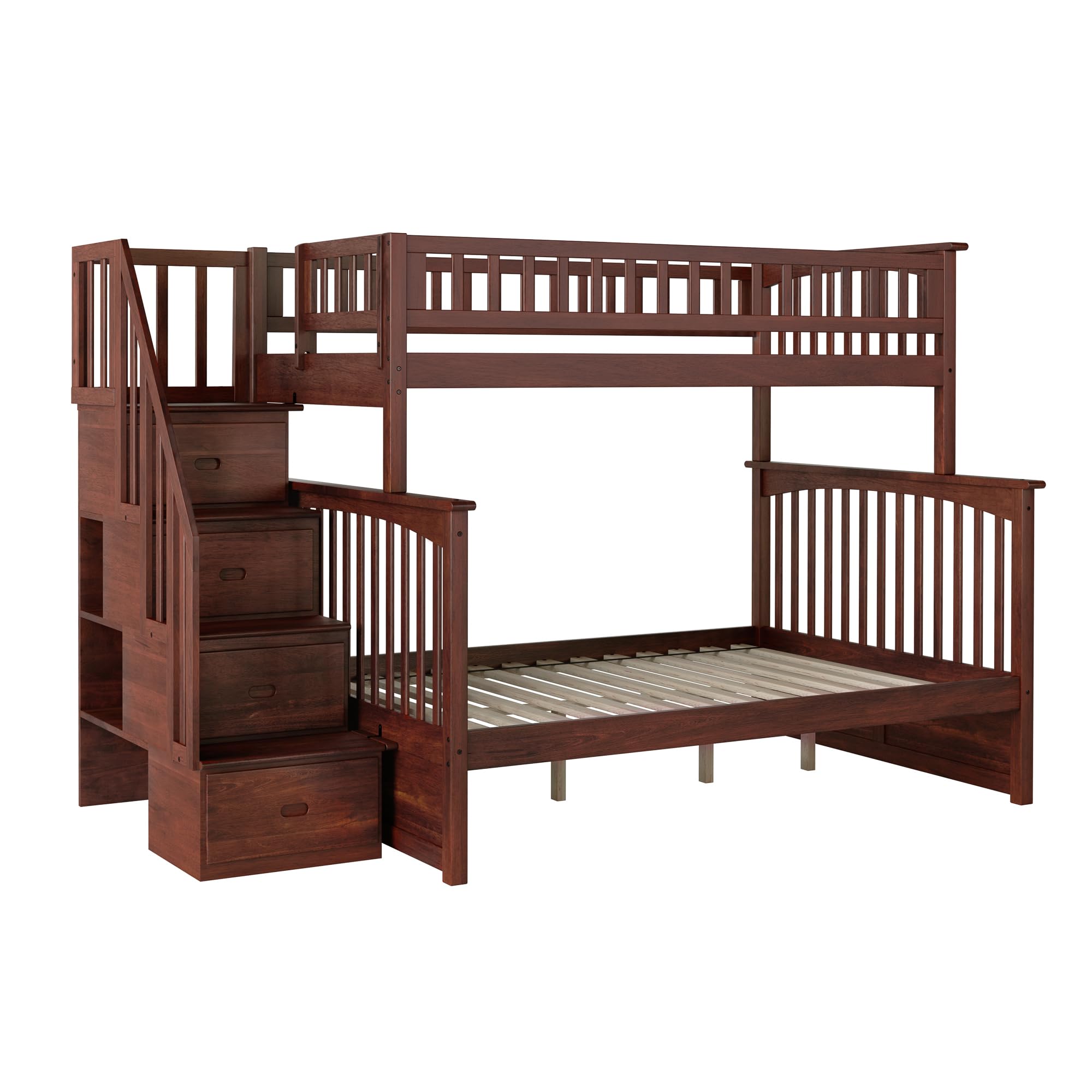 Columbia Twin Over Full Size Staircase Bunk Bed with Charging Station in Walnut