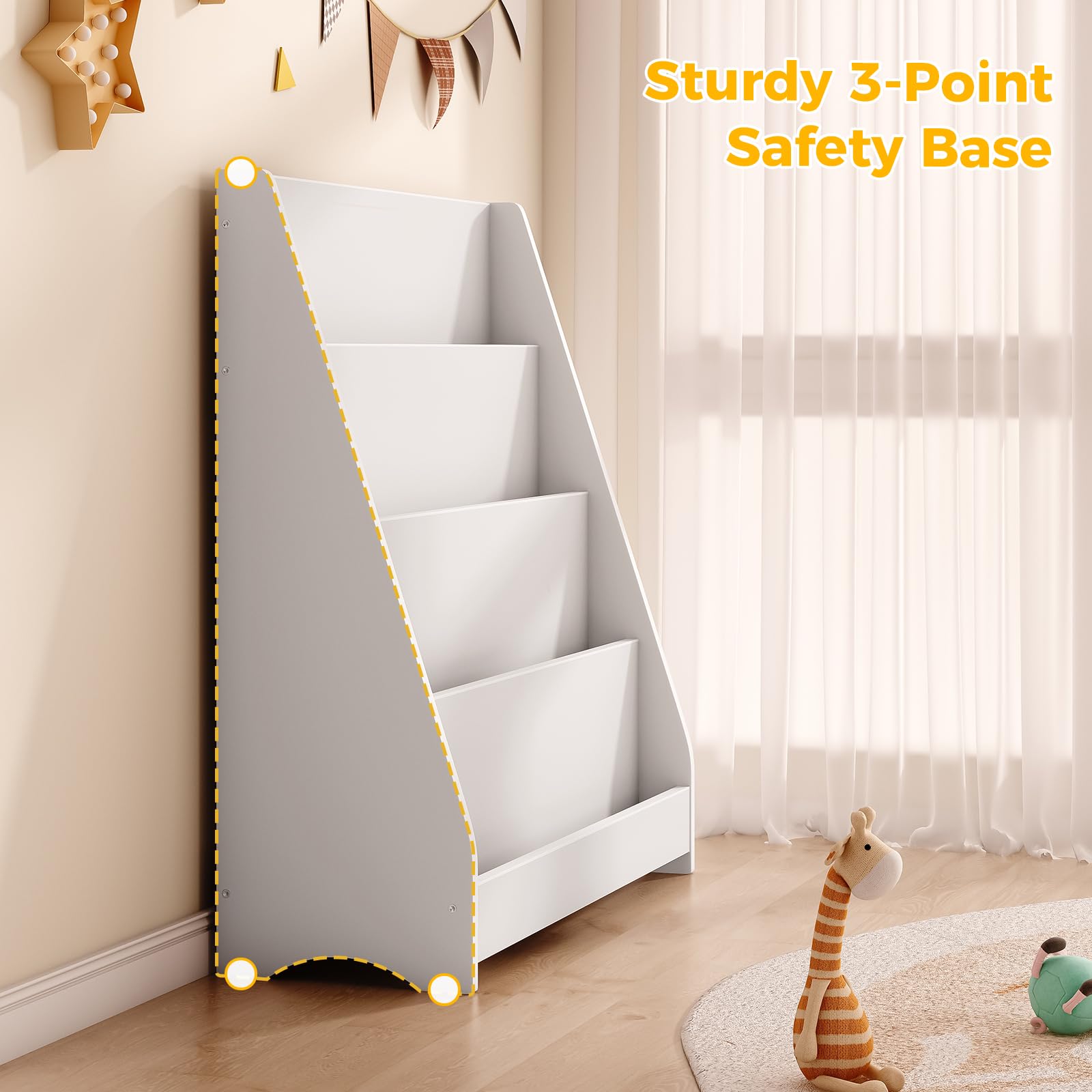 4 Tier Kids Wooden Bookshelf, Toddler Sling Bookcase Montessori