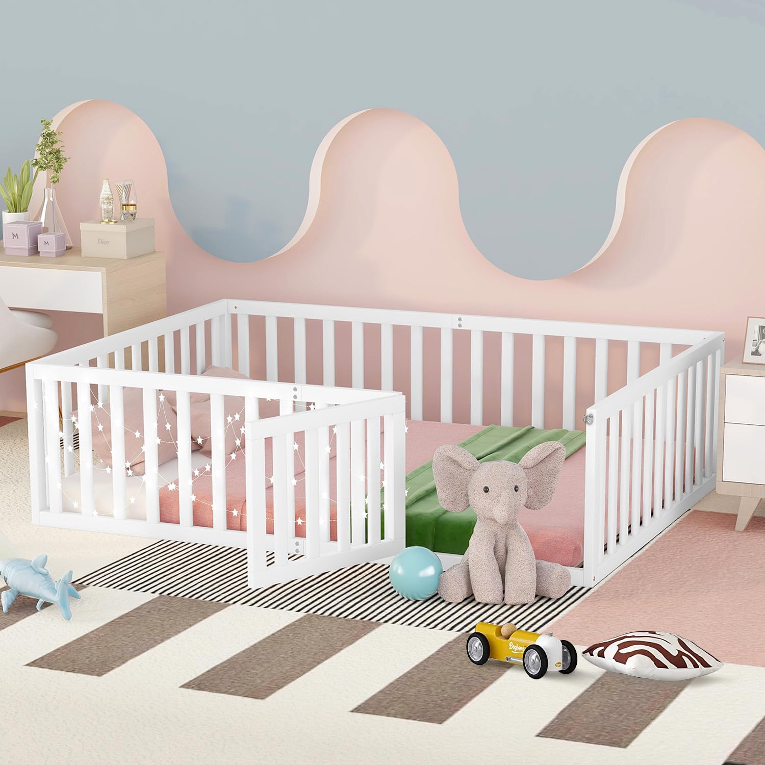 Full Floor Bed for Kids with Safety Guardrails and Door
