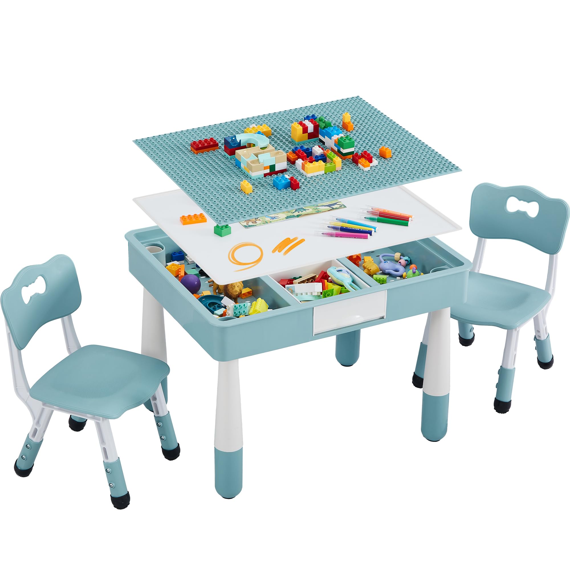 4 in 1 Kids Table and 2 Chairs Set, Toddler Table and Chair Set for Kids Ages 3-10, Activity Tables for Building Blocks/Drawing/Reading/Dining，Gift for Boy & Girl (Grayish Blue)