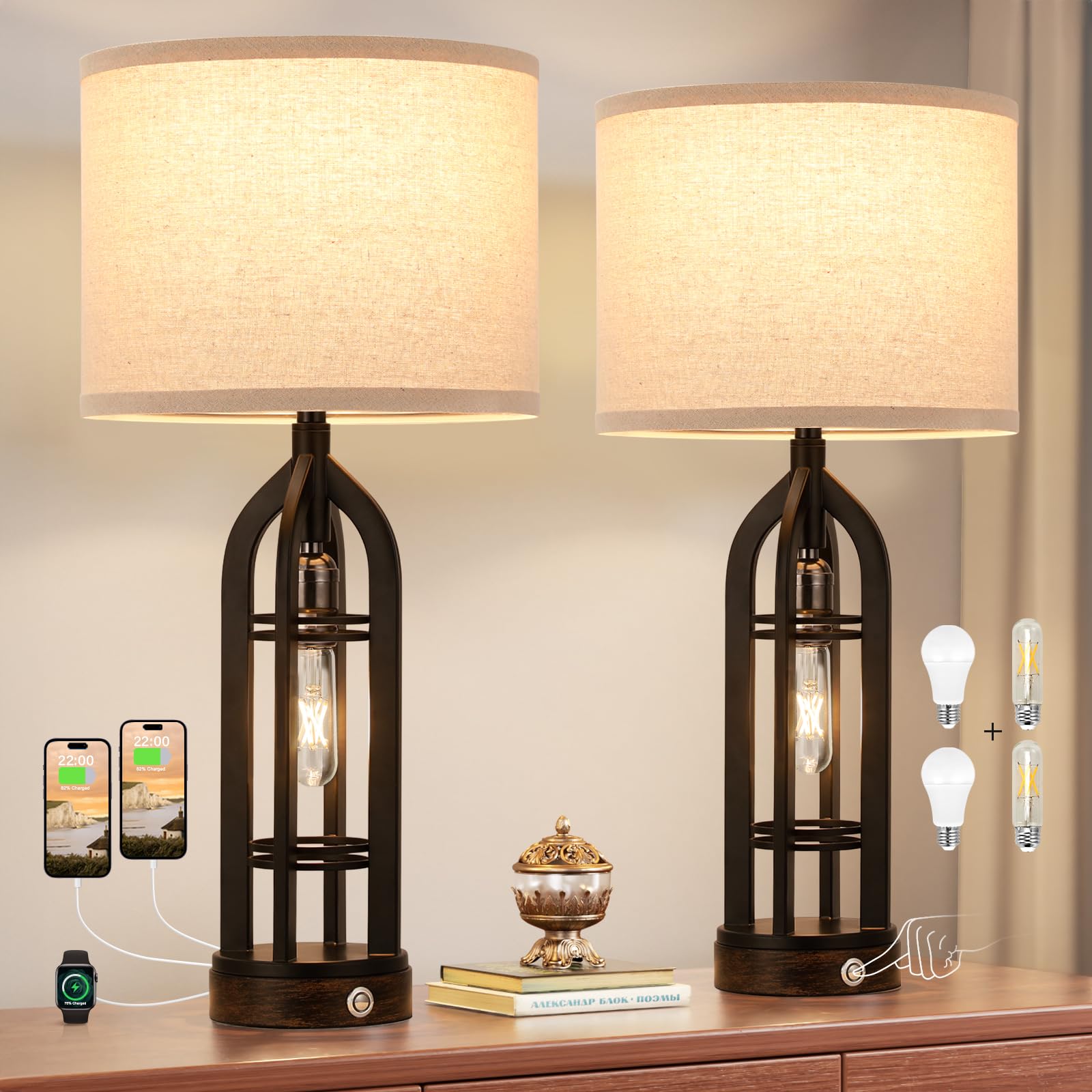 Table Lamps for Living Room Set of 2 - Black Bedside Lamp for Bedroom