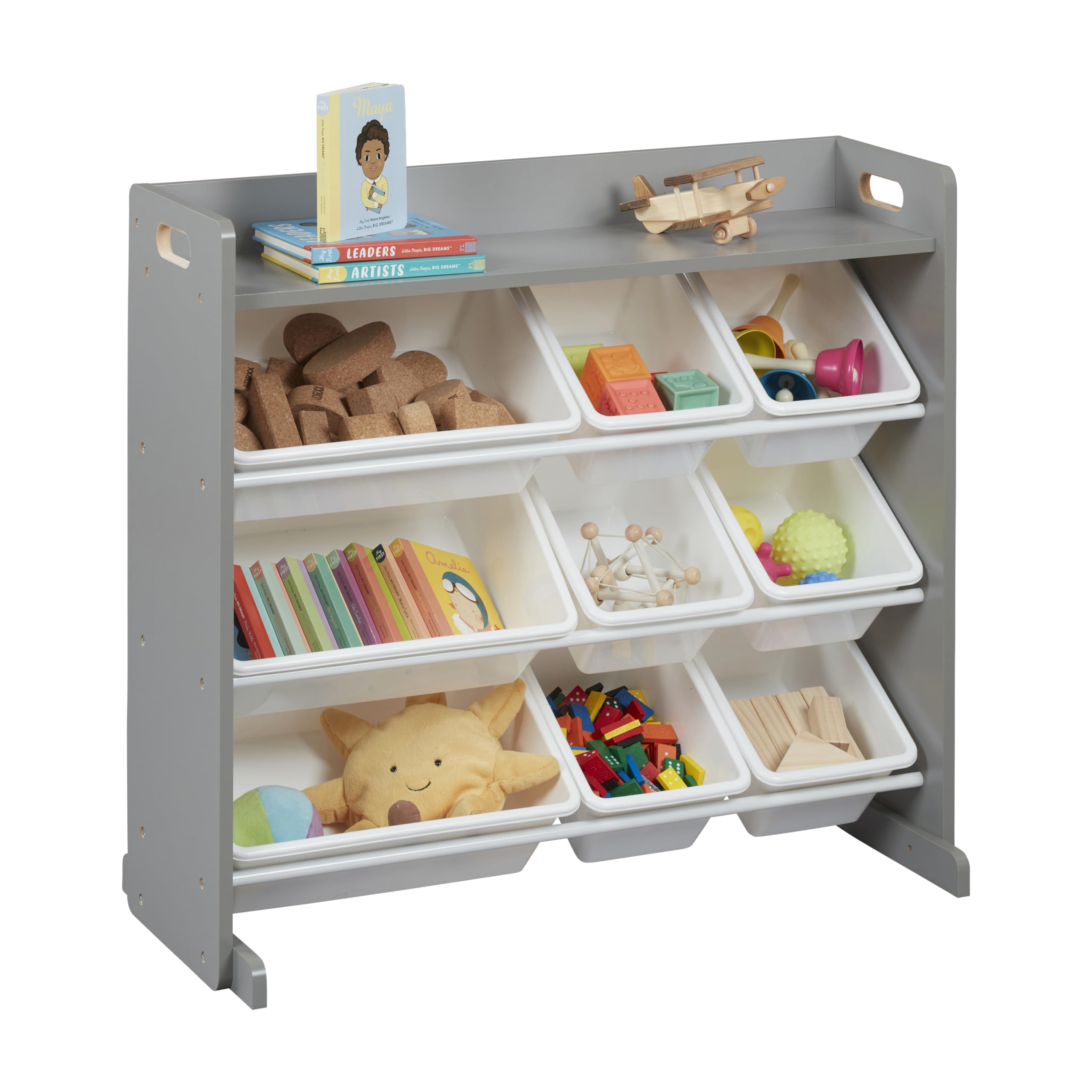 3-Tier Organizer with Shelf and 9 Bins, Toy Storage, Grey/White