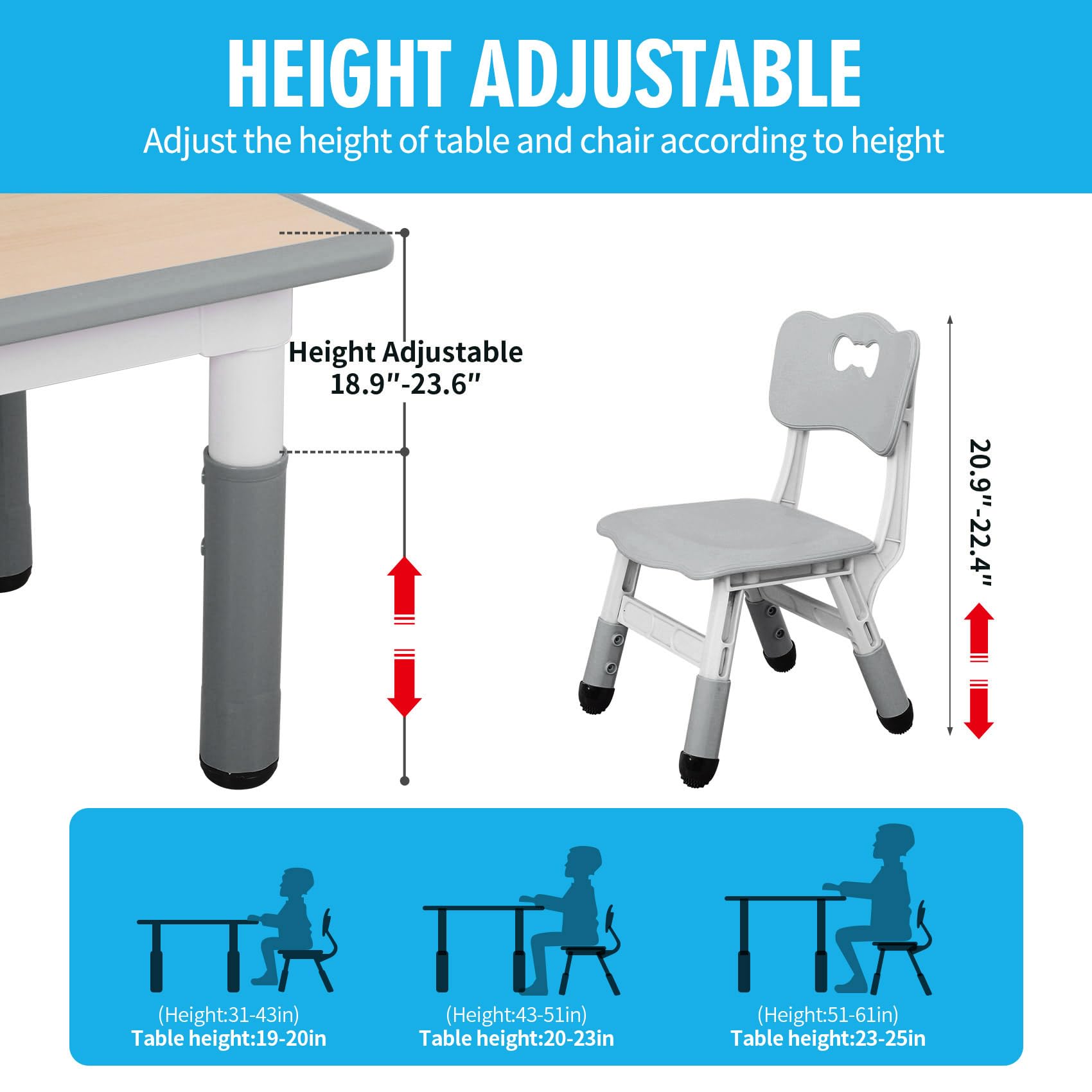 Height Adjustable Kids Table and Chairs Set