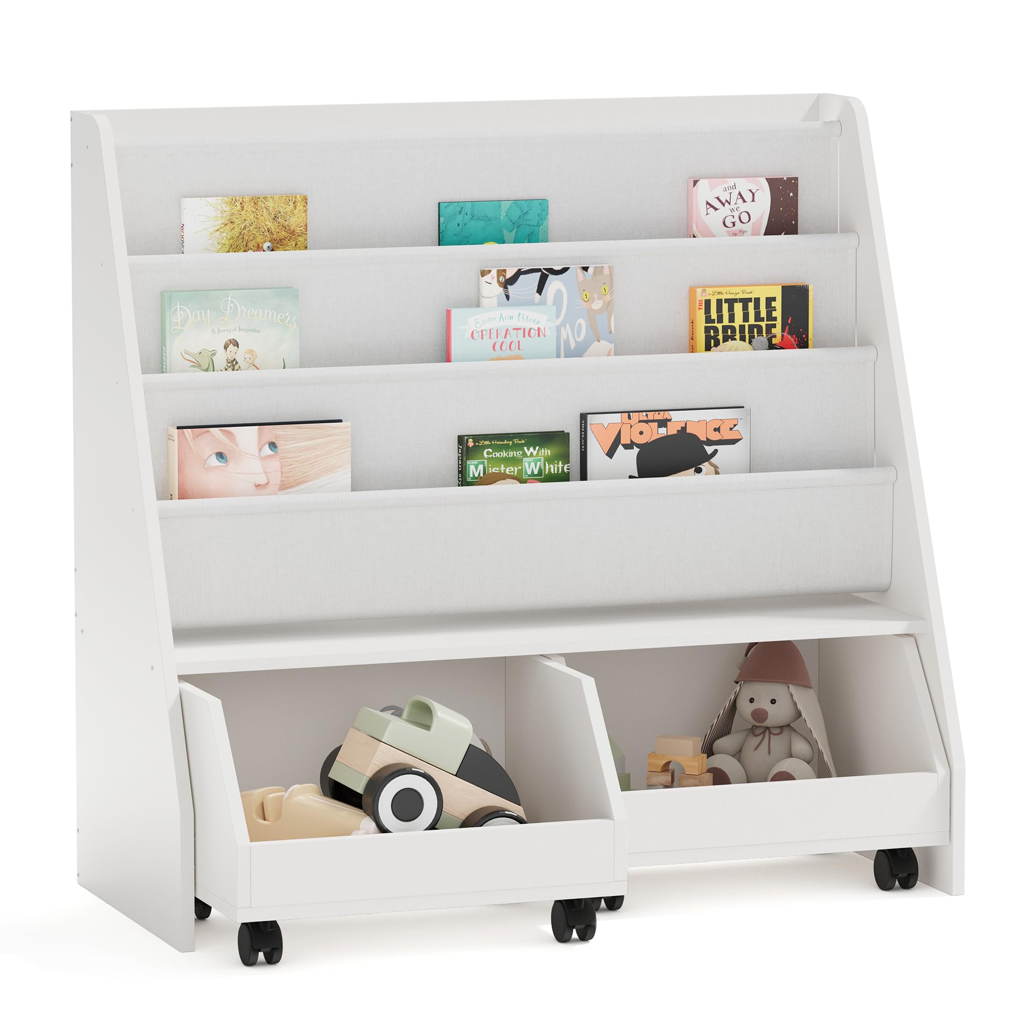 Kids Bookshelf with Storage Drawers and Sling Pockets