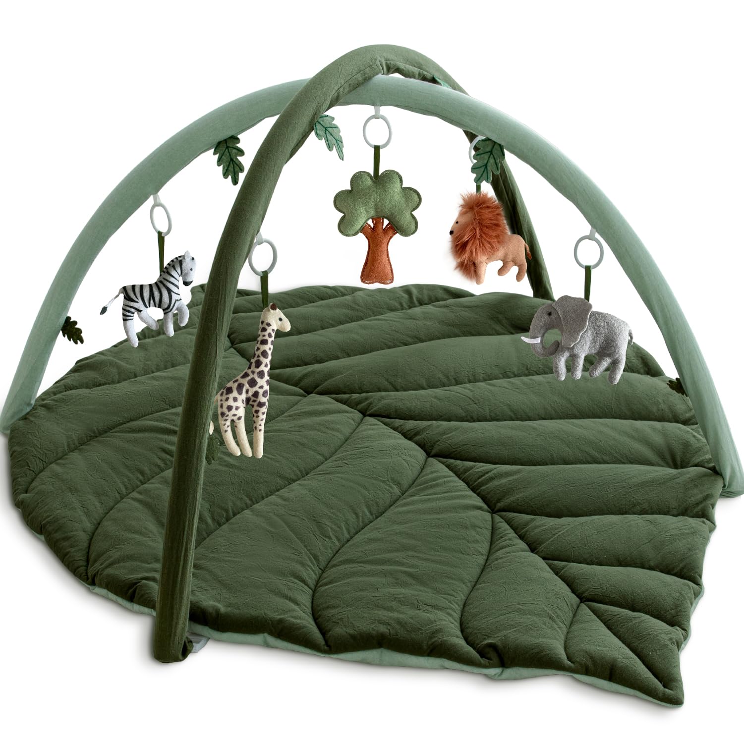 Baby Play Gym with Mat Leaf Shaped, Baby Play Mat with 6 Hanging Toys