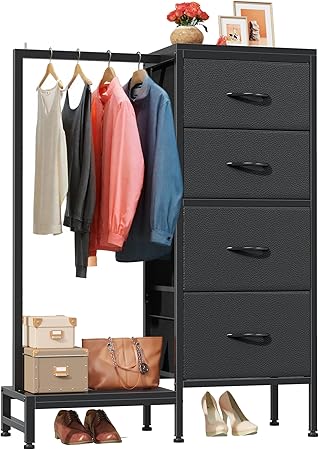 Dresser with Hanging Rack, 4 Drawers Small Closet for Bedroom
