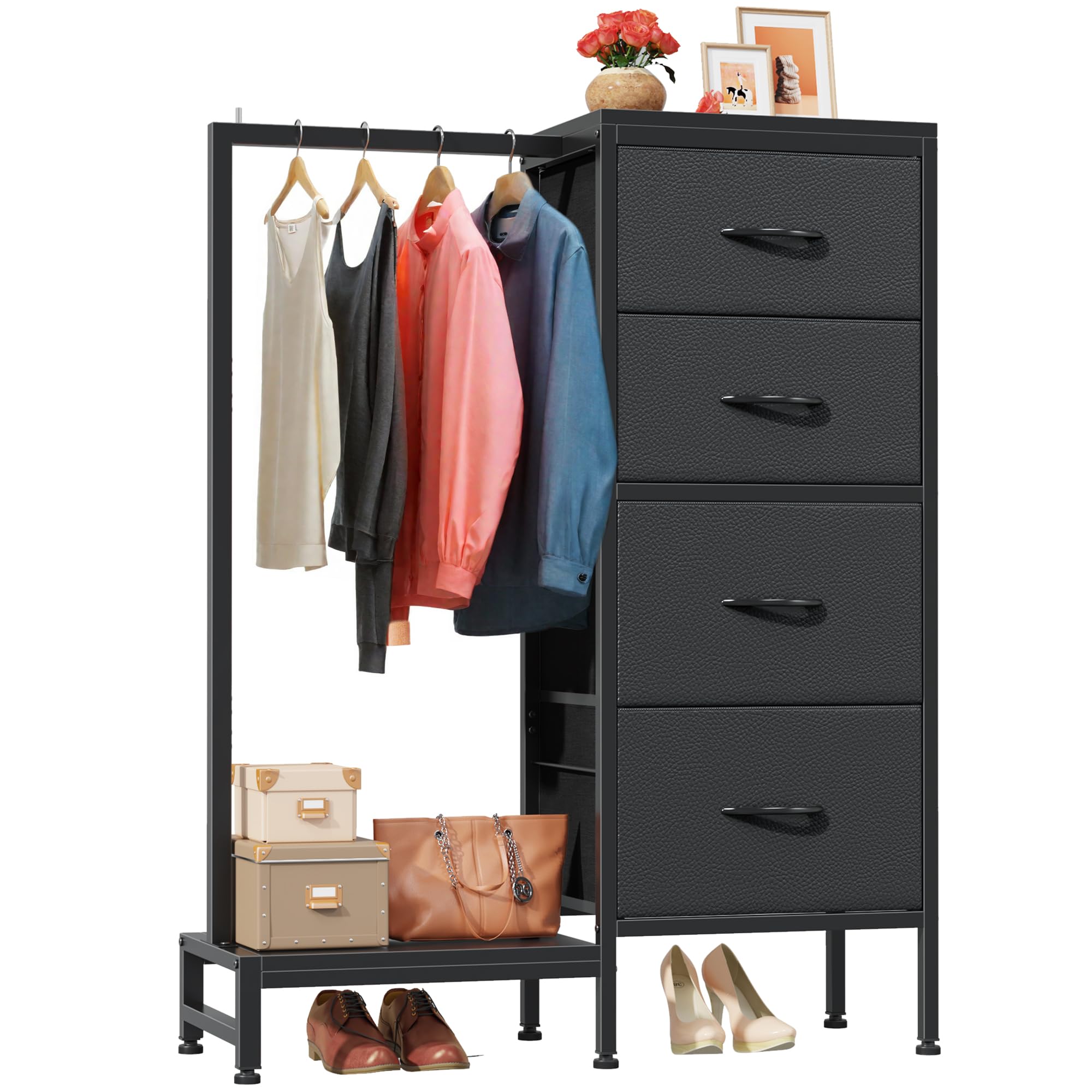 Dresser with Hanging Rack, 4 Drawers Small Closet for Bedroom
