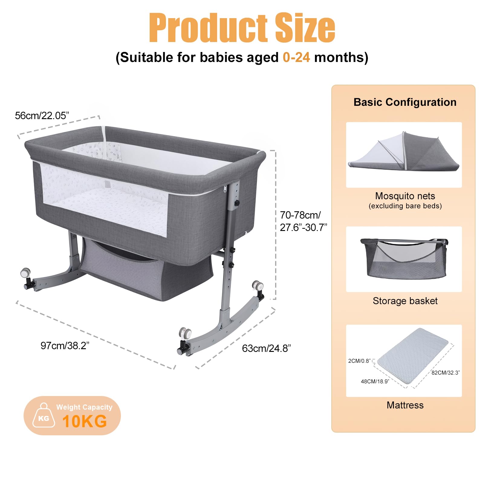 Height Adjustable Bedside Bassinet with Mosquito Net