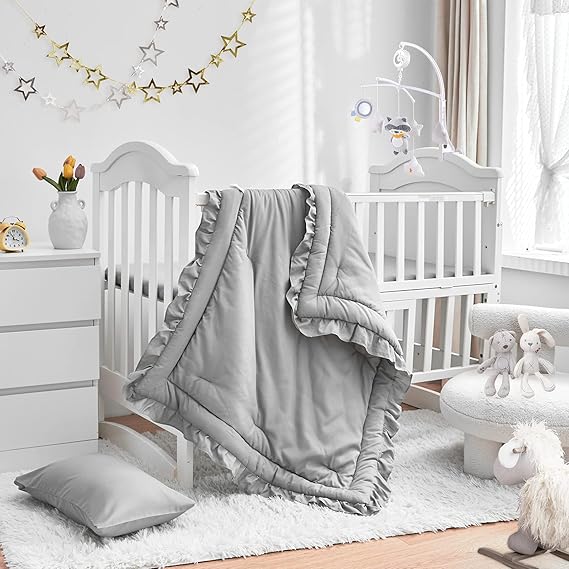 3 Pieces Crib Bedding Set Baby Ruffle Quilted Comforter with Fitted Sheet and Pillowcase