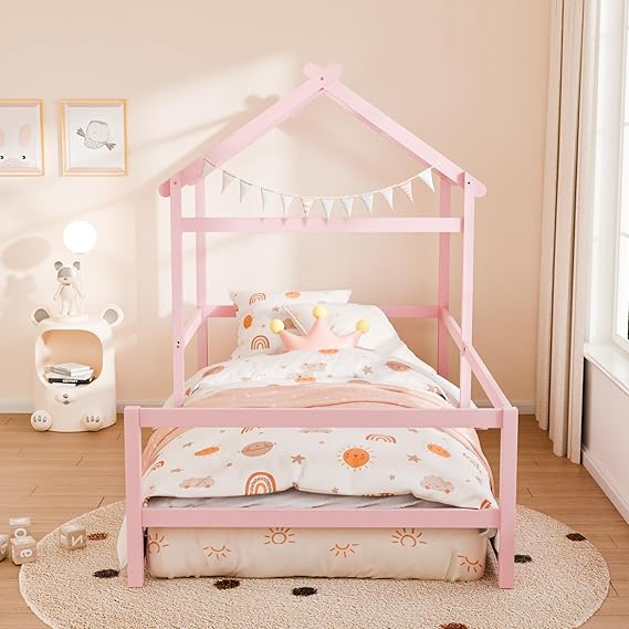 Twin House Floor Bed Frame with Roof, Wooden Montessori Bed with Safety Fence