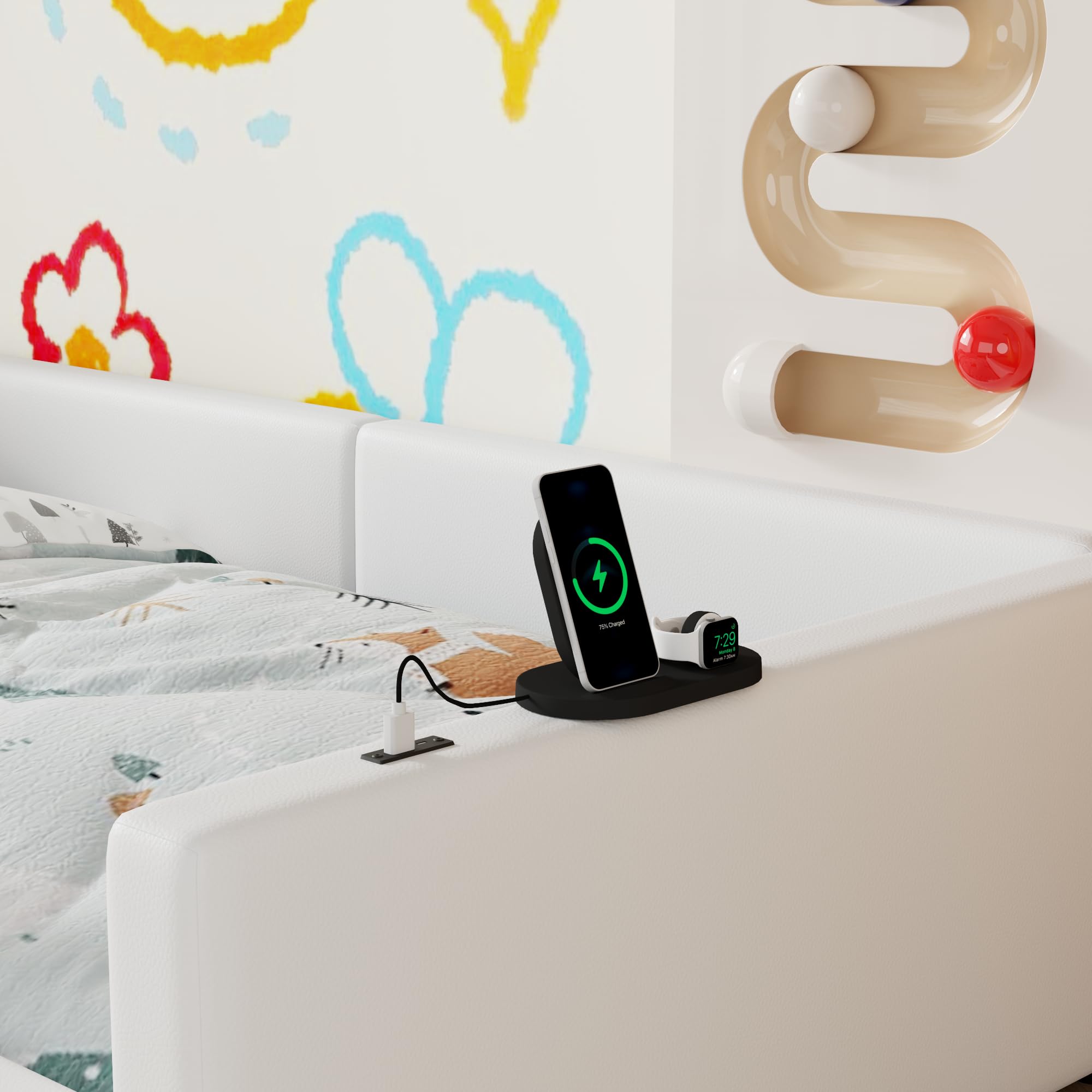 Merax Twin Size Kids Floor Bed with Guardrail and Charging Station, PU Leather Upholstered Daybed Frame for Bedroom, Children's Room, Wood Slats Support, No Box Spring Needed, Easy Assembly, White