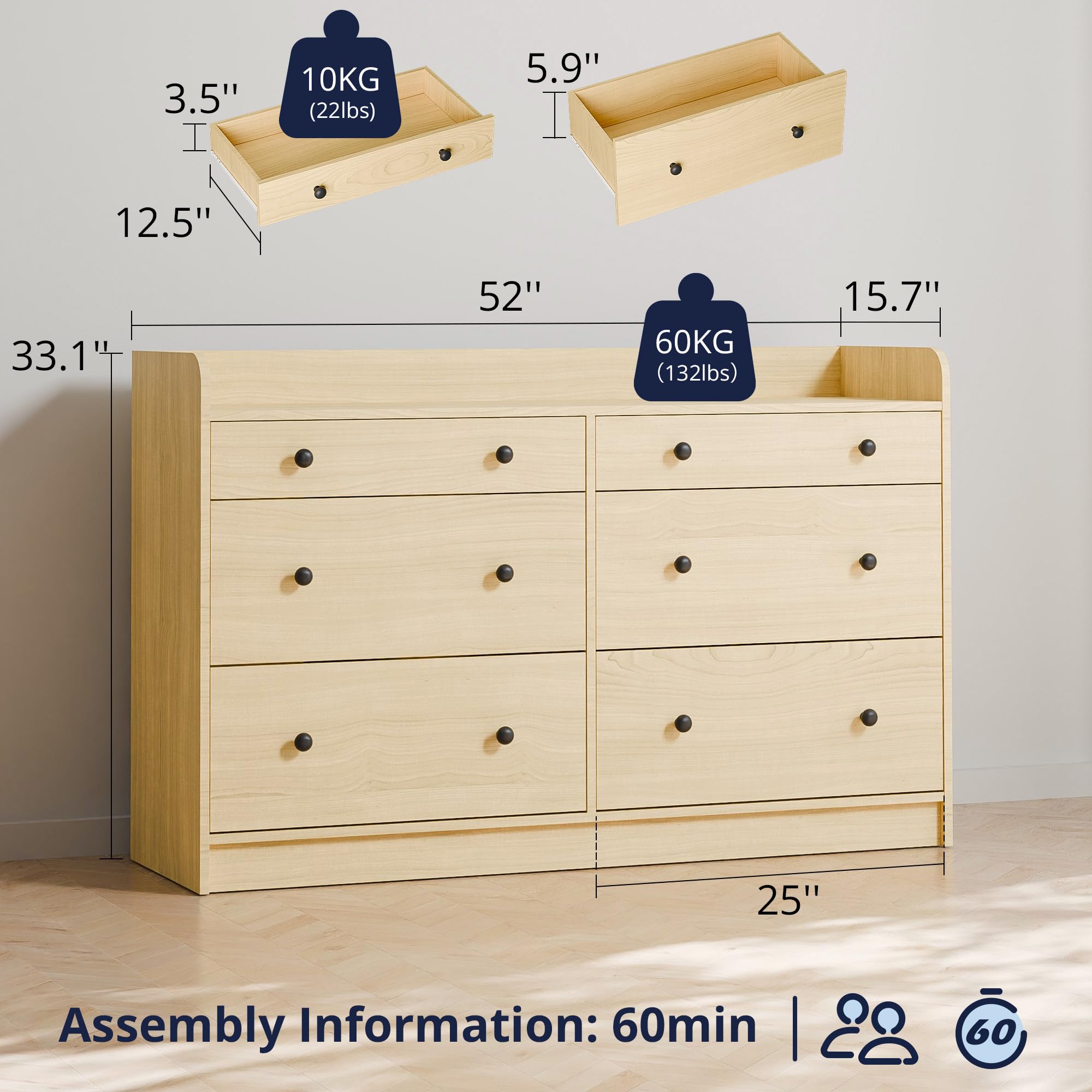 6 Drawer Wood Dresser Cabinet 52 Inch Long Modern Sideboard