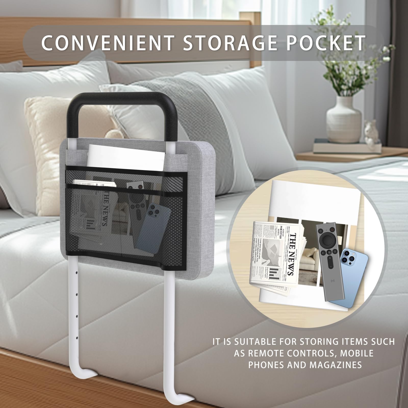 Padded Bed Rails for Elderly Adults with Storage Pocket