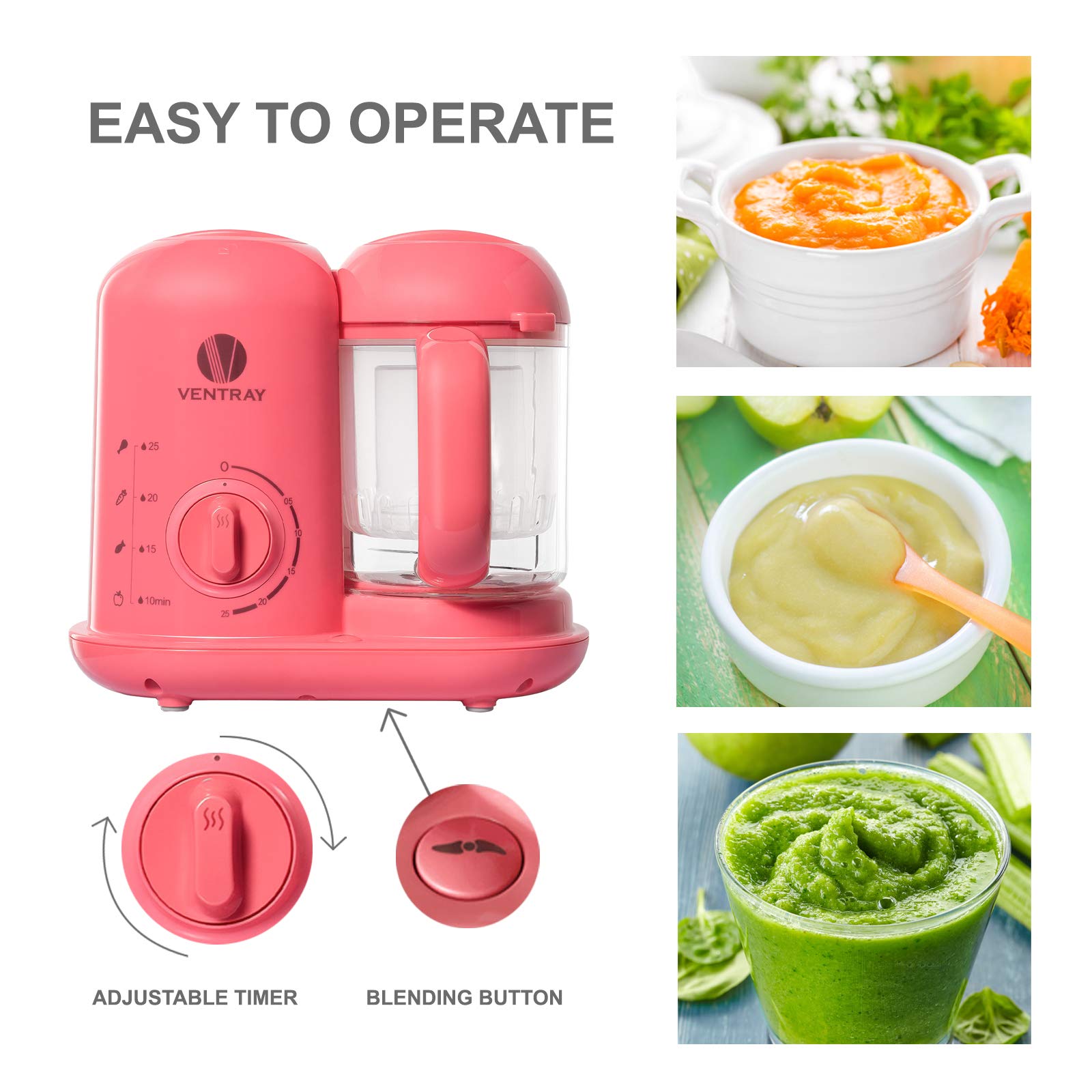 Ventray Baby Food Maker Steamer and Blender, Puree Food Processor for Baby Toddler, All-in-one Auto Cooking, Easy to Clean, BPA-Free - Pink
