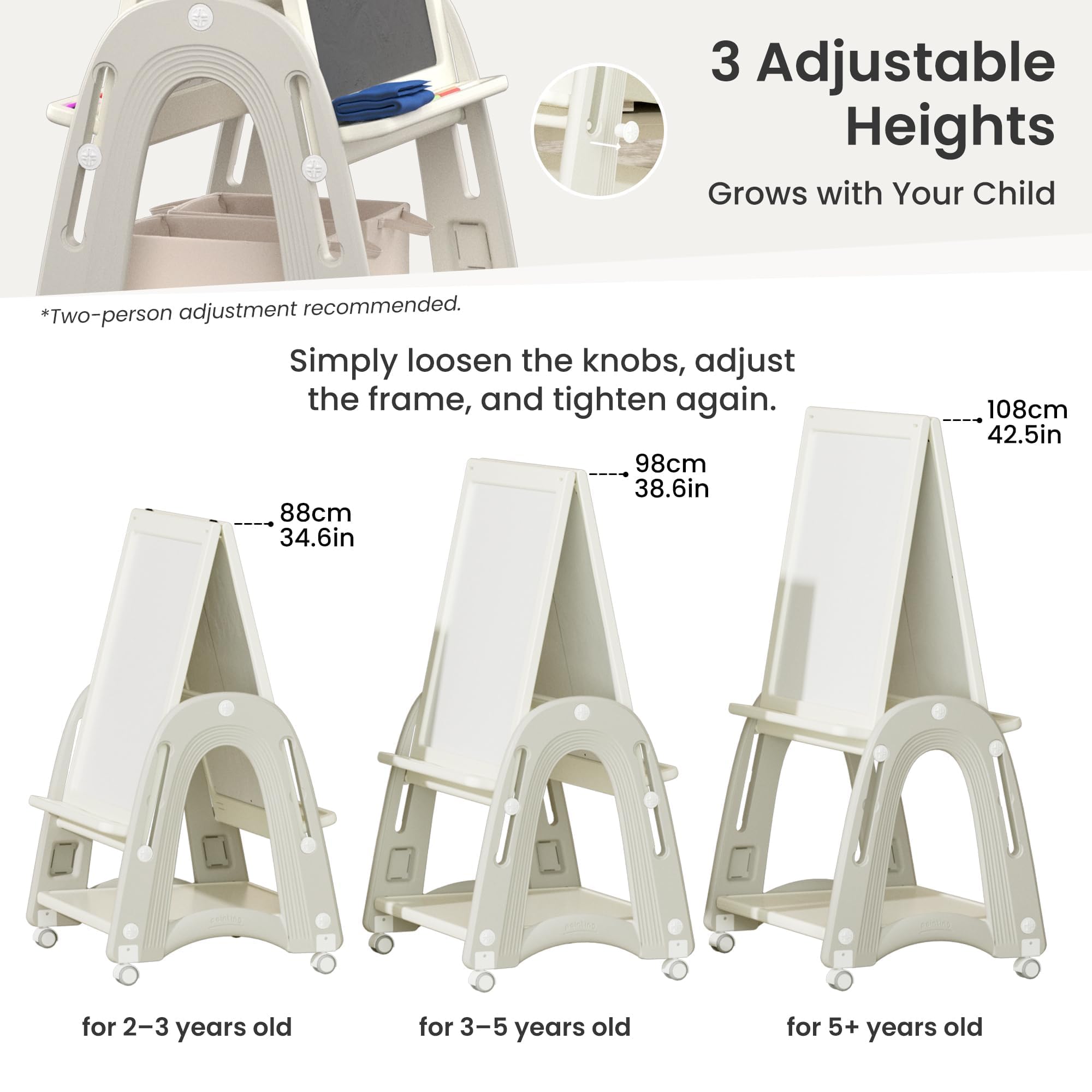 3-in-1 Adjustable Kids Art Easel with Wheels and Storage