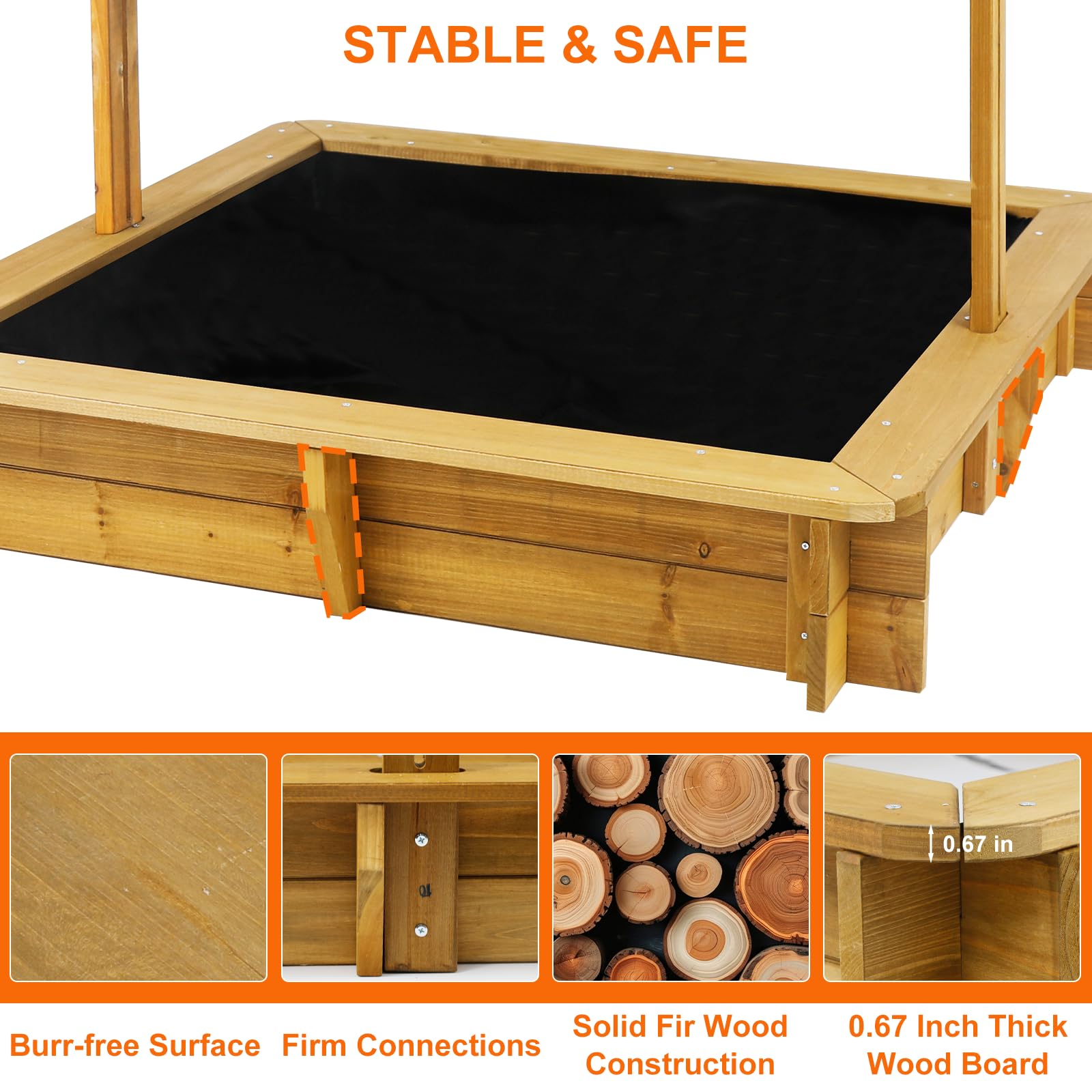 Wooden Sandbox with Adjustable Canopy Cover and Benches