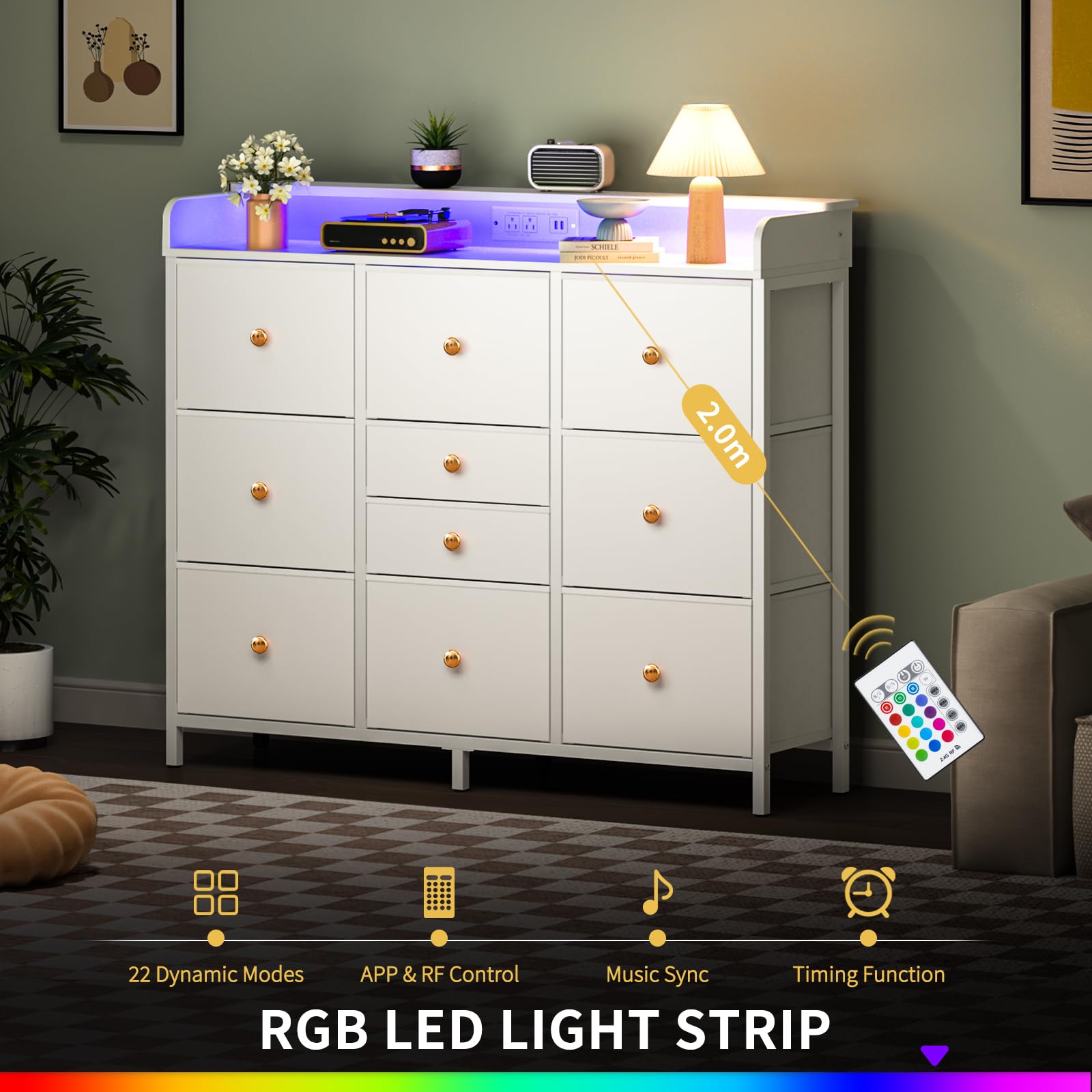 10-Drawer Dresser with Charging Station and LED Lights