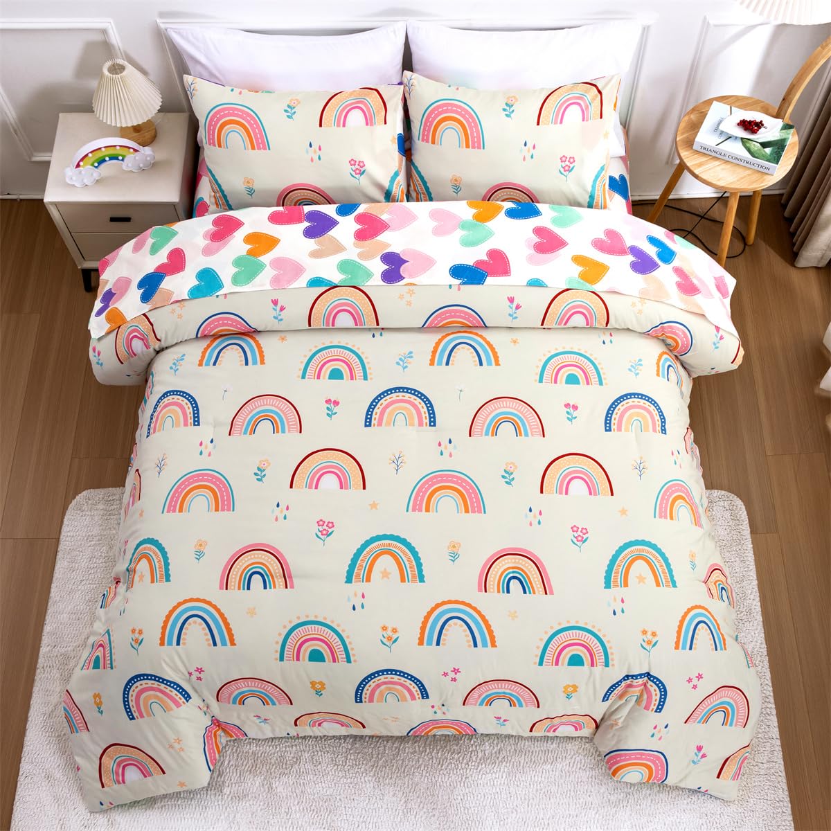 Rainbow Comforter Set with Sheets,5 Pieces Floral Bed in a Bag Twin