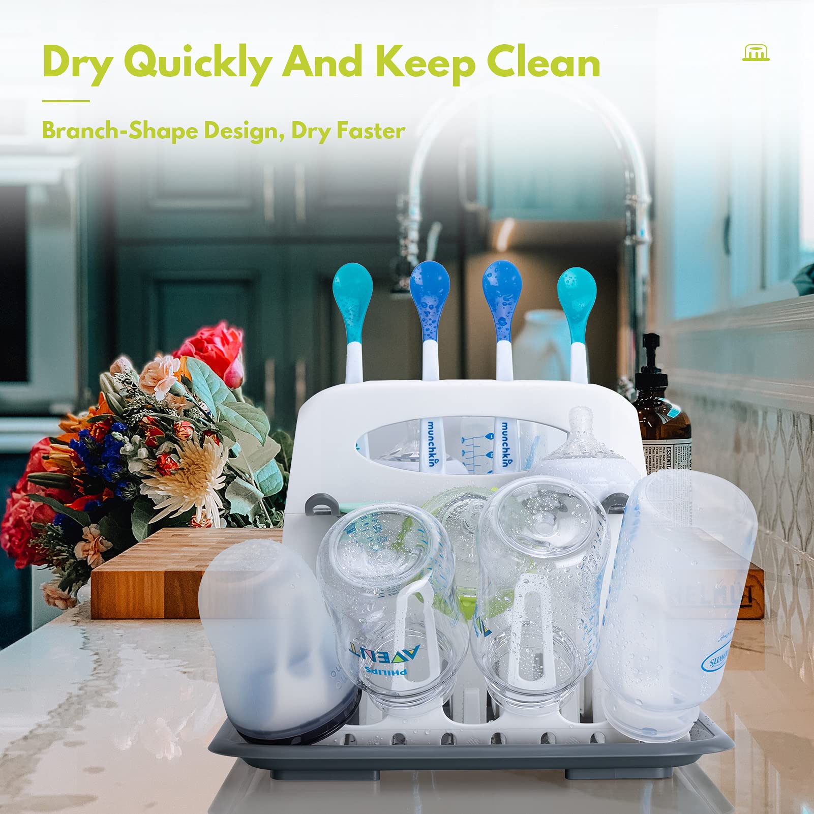 High Capacity Drying Rack with 5pcs Brushes, Deluxe Countertop Drying Rack