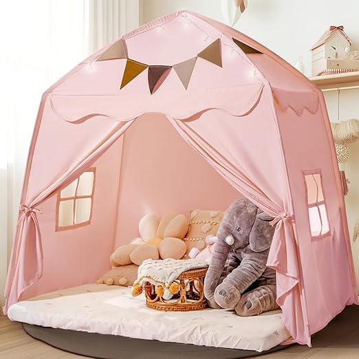 Extra Large Kids Play Tent with Flags & Star Lights, Portable & Foldable Teepee