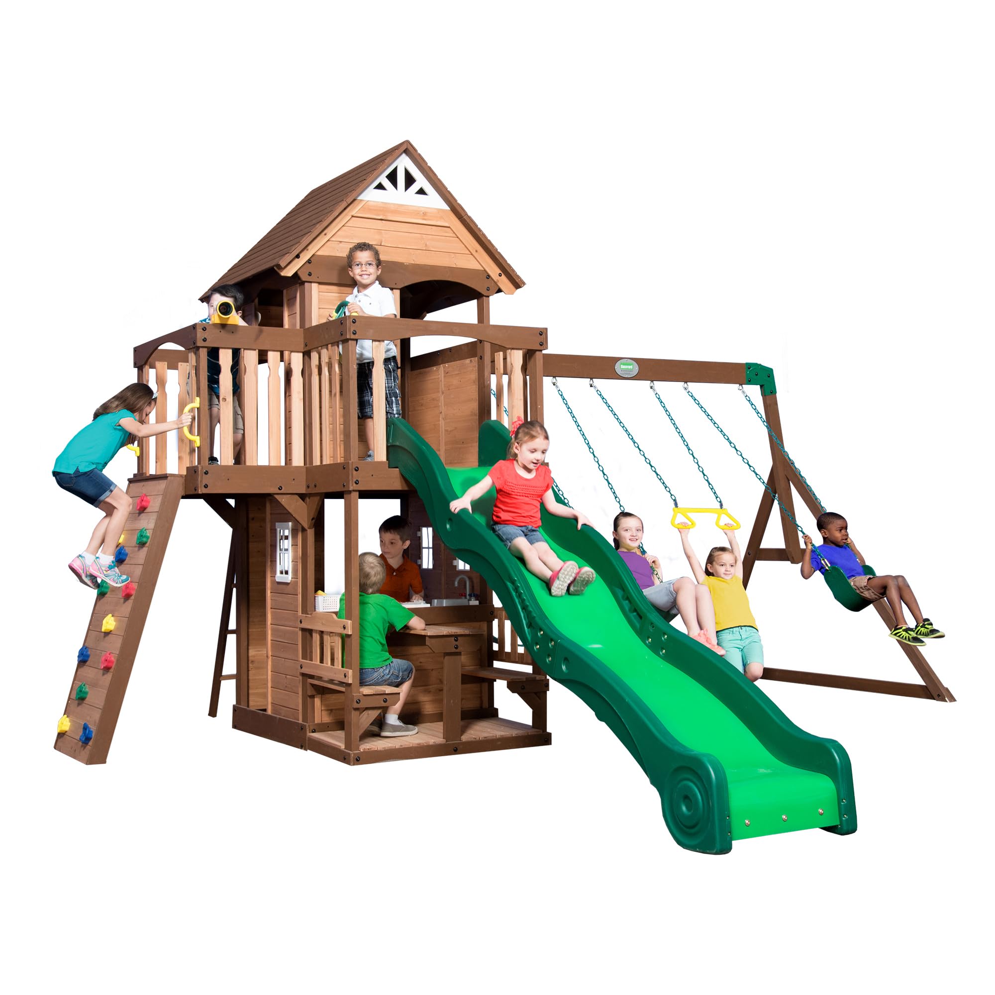 Cedar Wood Swing Set with Clubhouse and Wave Slide