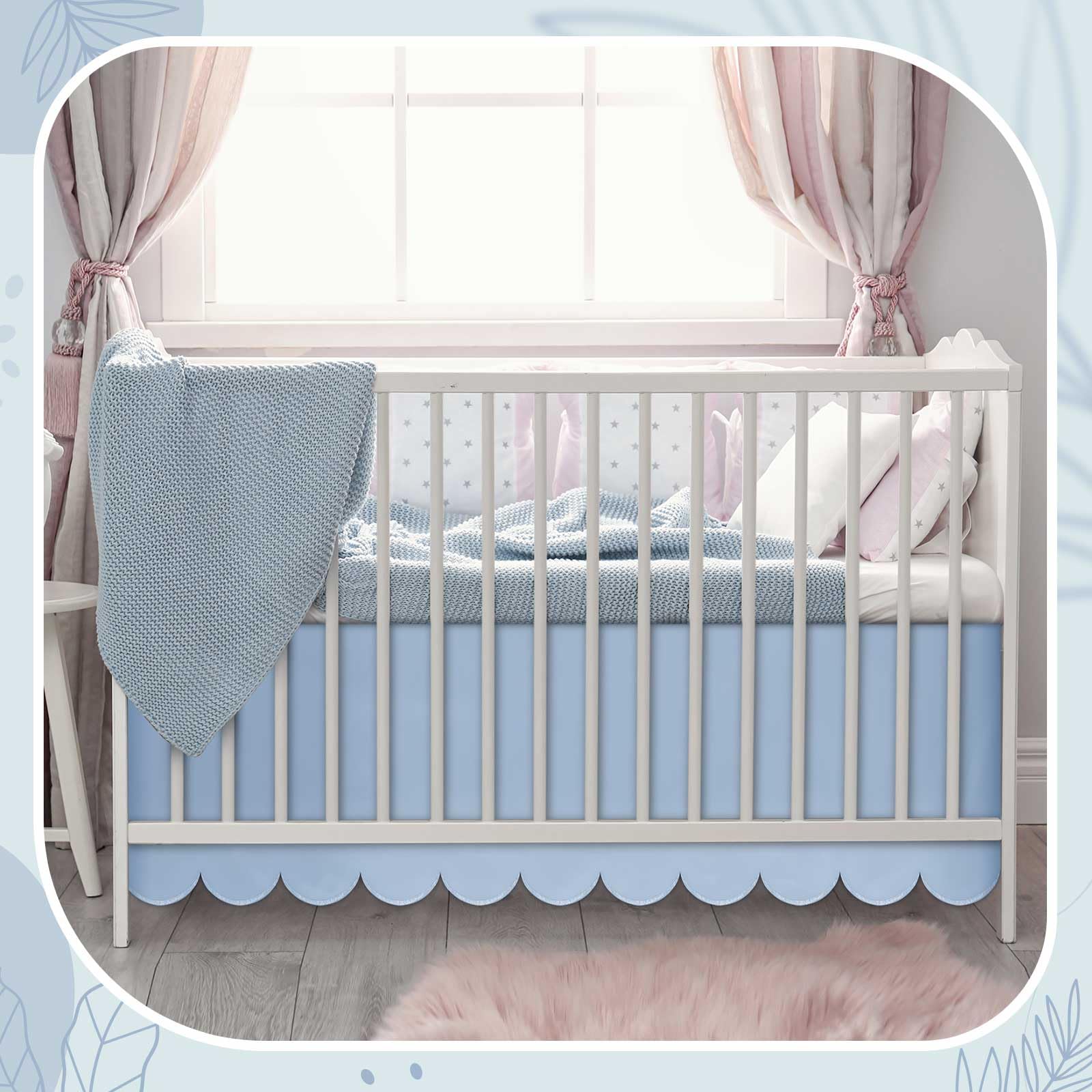 Hahafelt Scalloped Crib Skirt 28"x 52" with Drop Pleated Dust Ruffle with Split Corners for Baby Boys Girls Soft 4-Sided Crib Bed Skirt Nursery Standard Toddler Bedding(14" Drop,Blue)