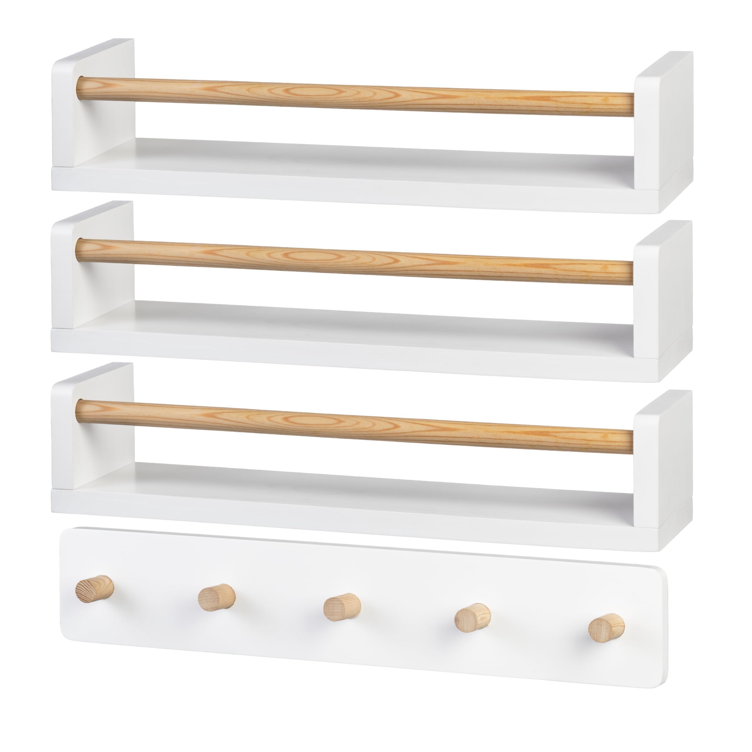 Shelves and Coat Rack - Set of 4 Solid Wood Wall Storage