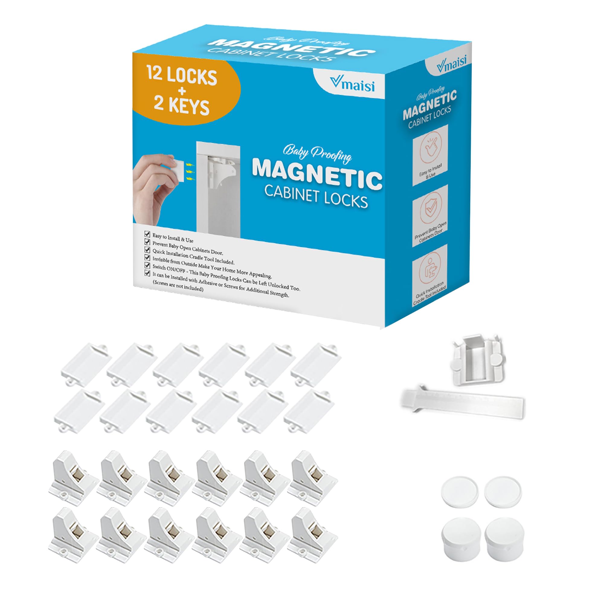Adhesive Magnetic Cabinet Locks (12 Locks and 2 Keys)