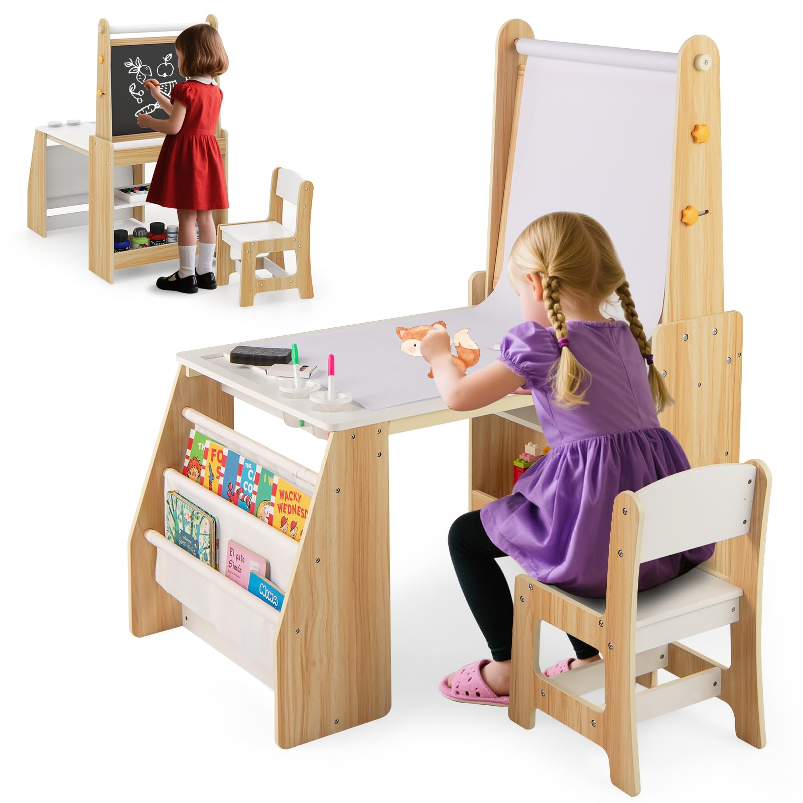Kids Art Table and Chair Set, 4 in 1 Wooden Easel Activity Desk Set w/Whiteboard