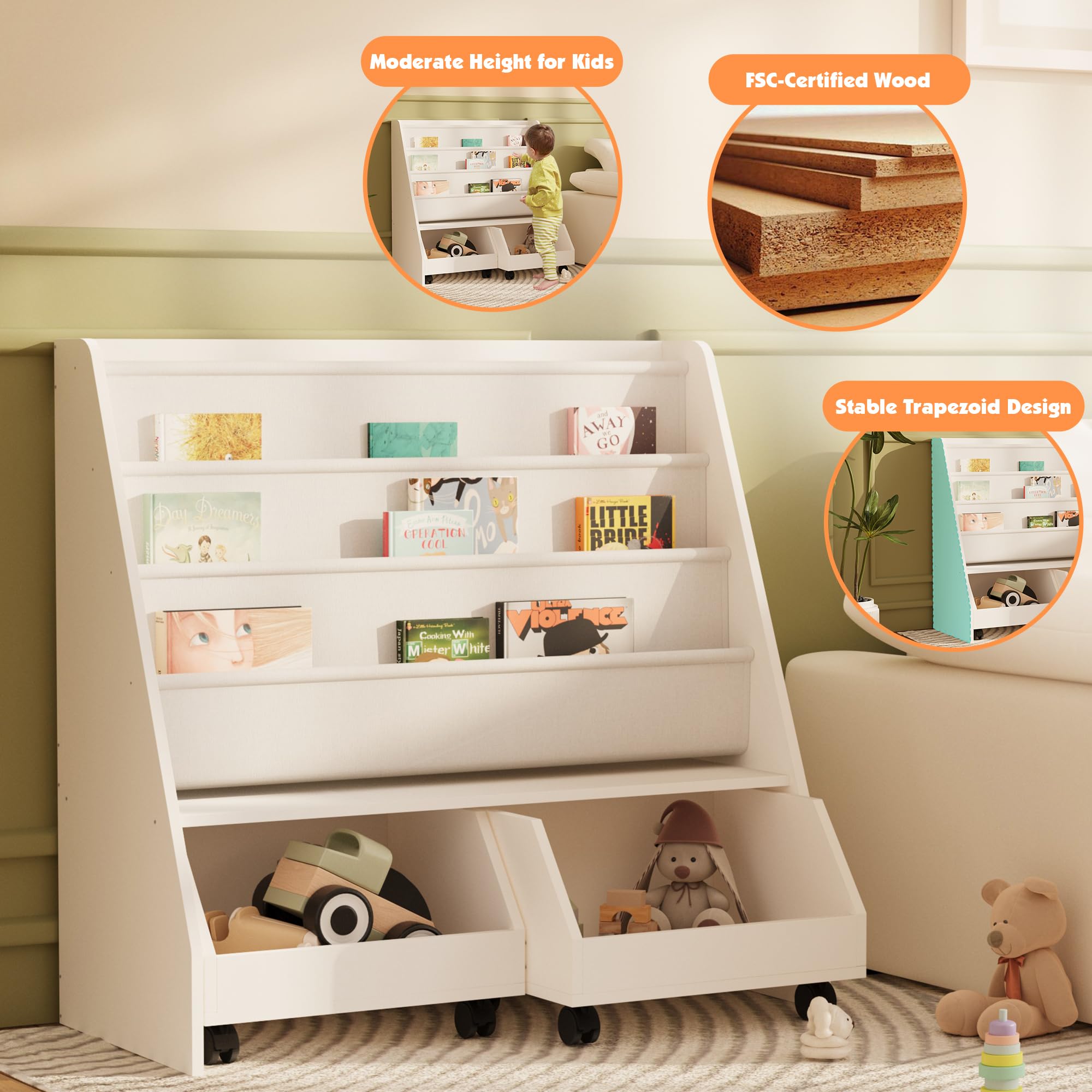 Kids Bookshelf with Storage Drawers and Sling Pockets