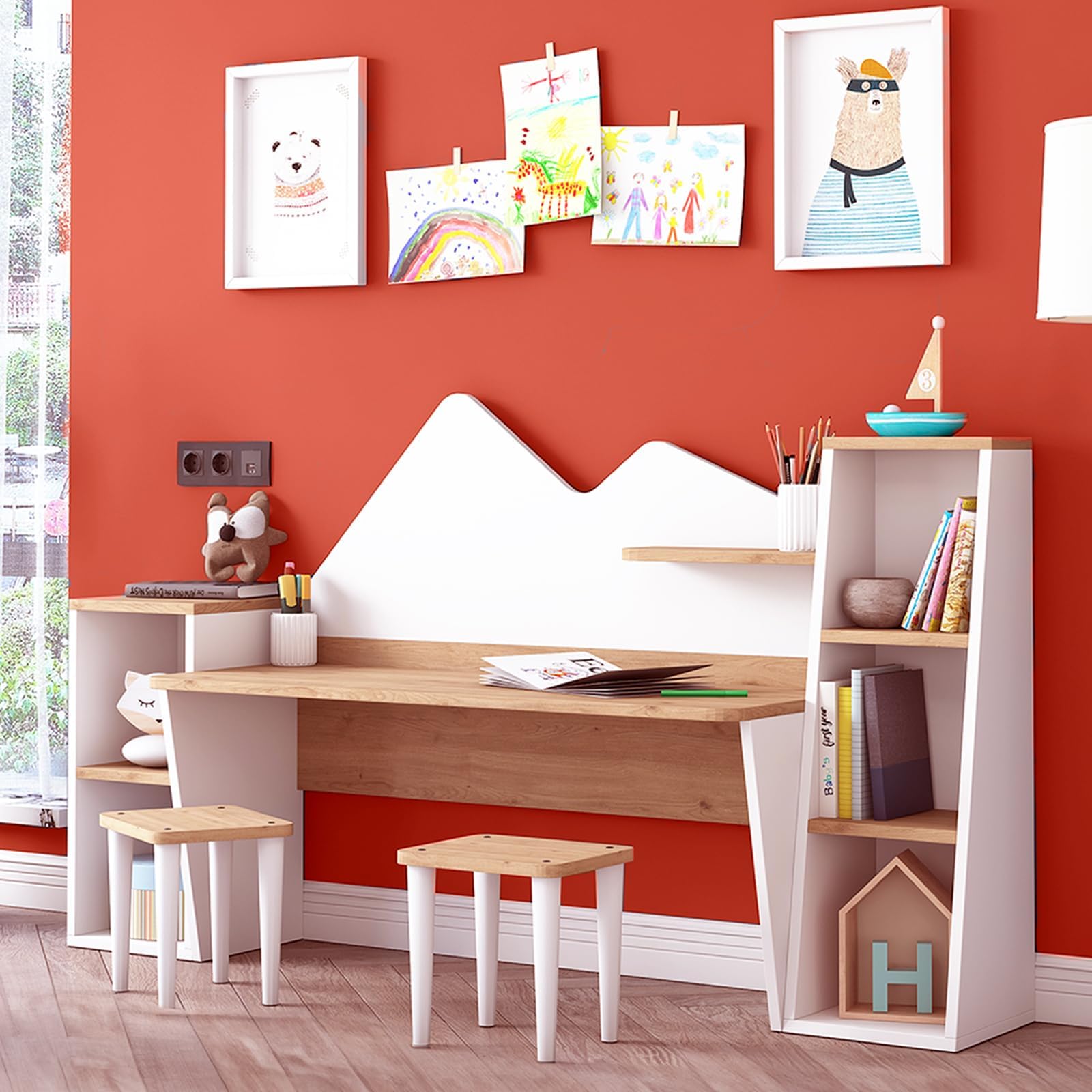 Kid's Study Desk with Bookshelf + 2 Stools for Ages 3-8