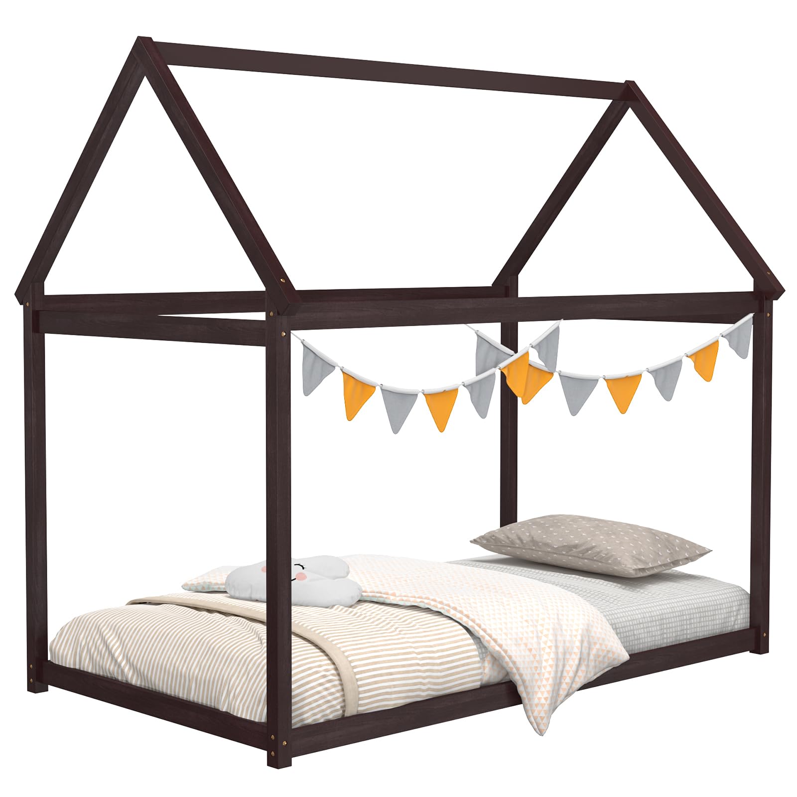 Twin House Bed Frame with Canopy for Kids