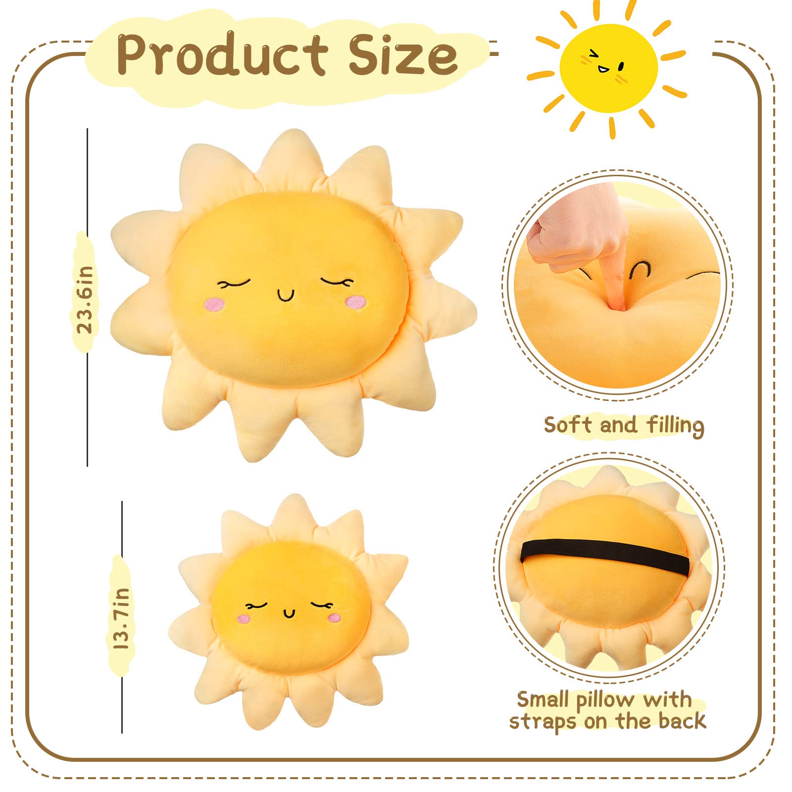 2 Pcs Plush Sofa Cushion Cute Stuffed Sun Shaped Floor Pillow Car Throw Pillow Soft Toy for Kids Women Girls Bedside Home Decoration 13.7 Inch, 23.6 Inch