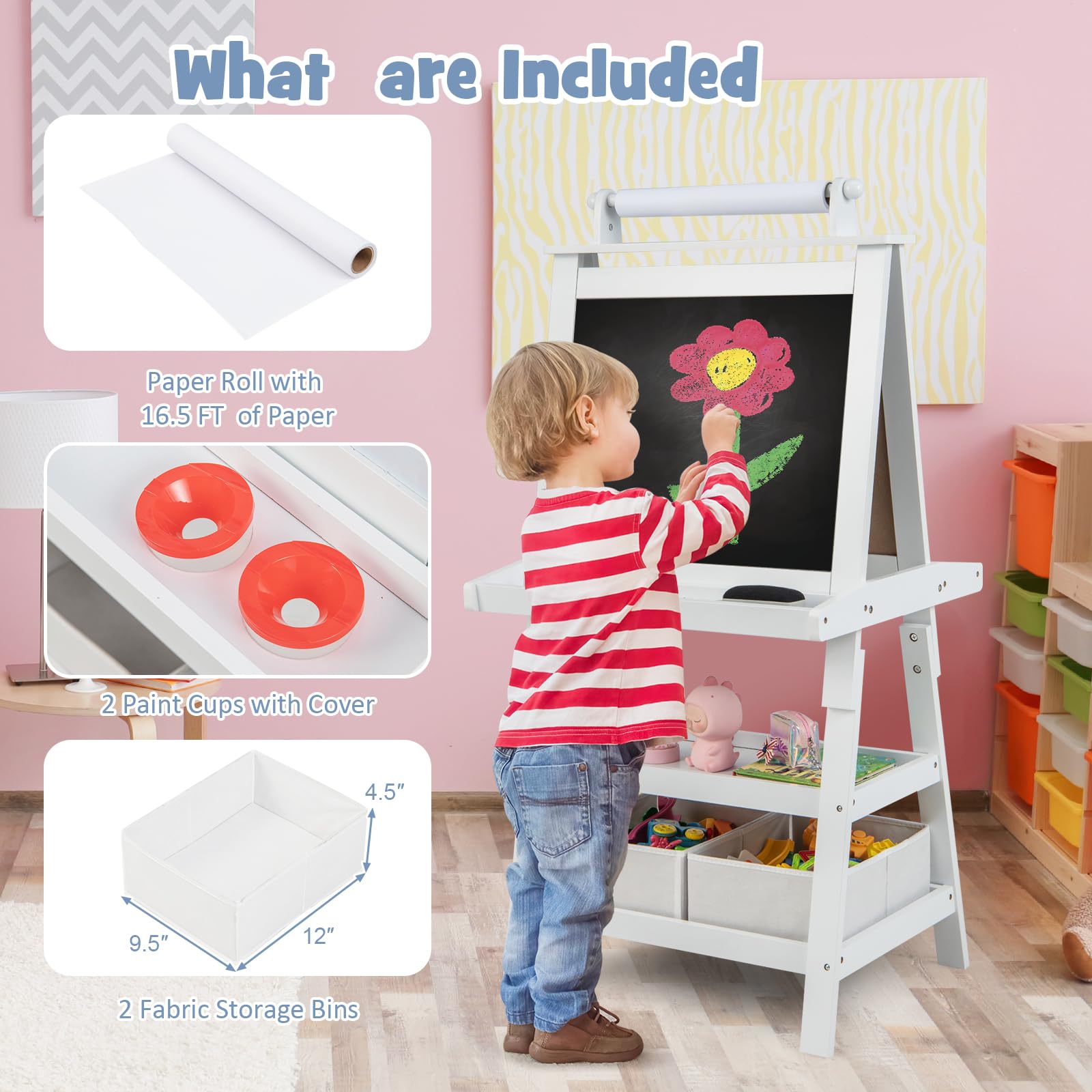 Costzon Kids Art Easel, 3 in 1 Double-Sided Painting Easel w/Magnetic Whiteboard, Chalkboard & Paper Roll, 2-Tier Storage Rack & 2 Boxes, Standing Easel for Kids, Toddlers, Gift for Boys, Girls