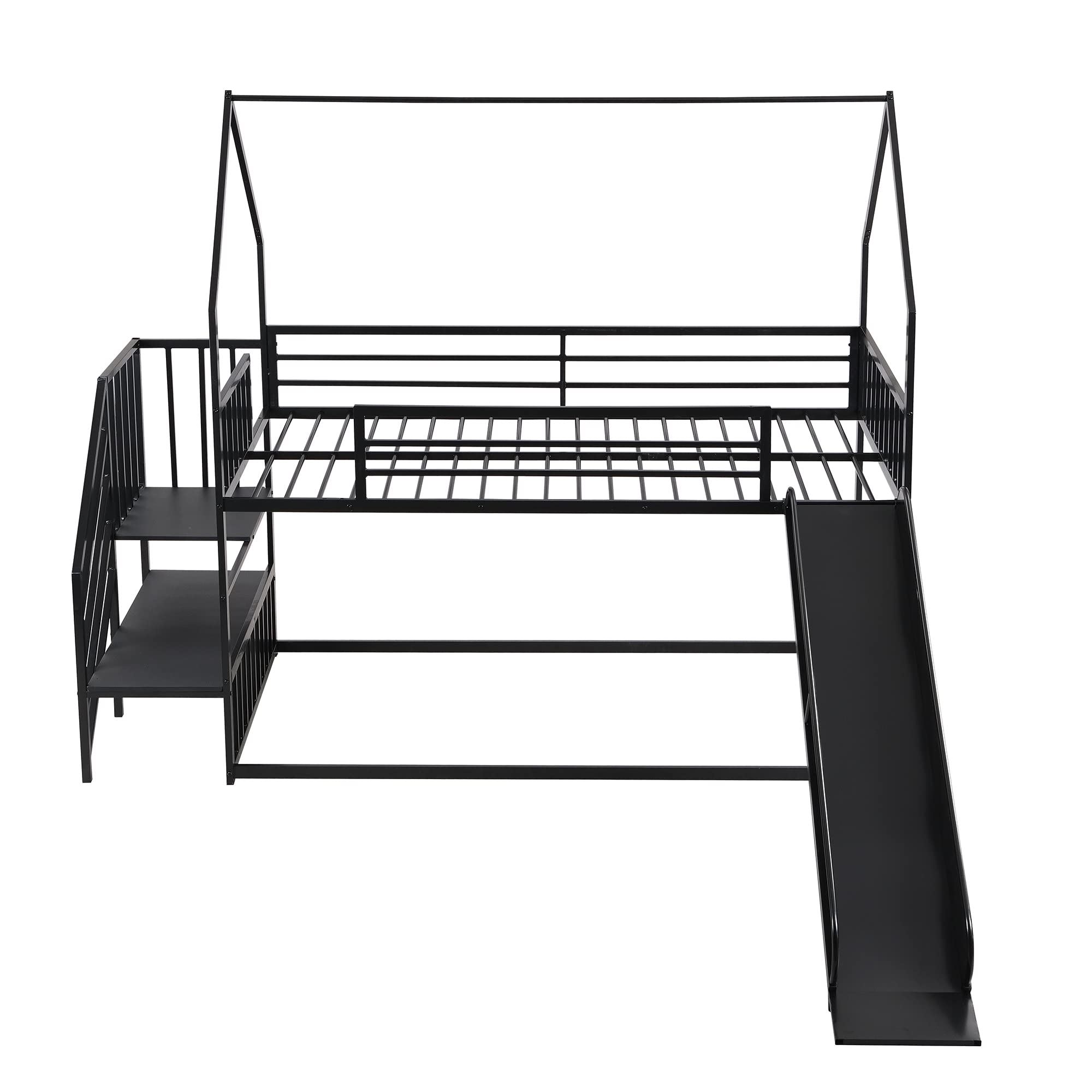 Metal Bunk Bed with Slide and Storage Stairs