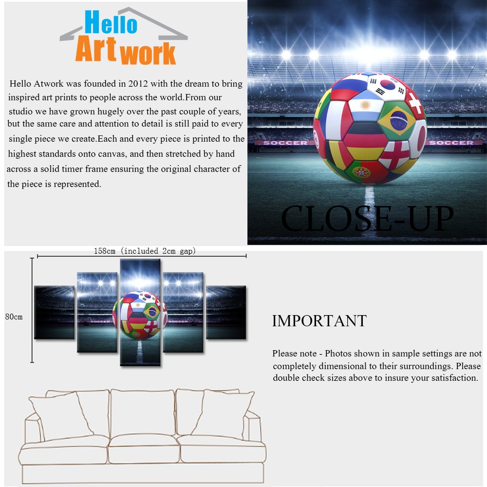 Large 5 Pieces Canvas Wall Art Light Shining Soccer Ball Stadium Close